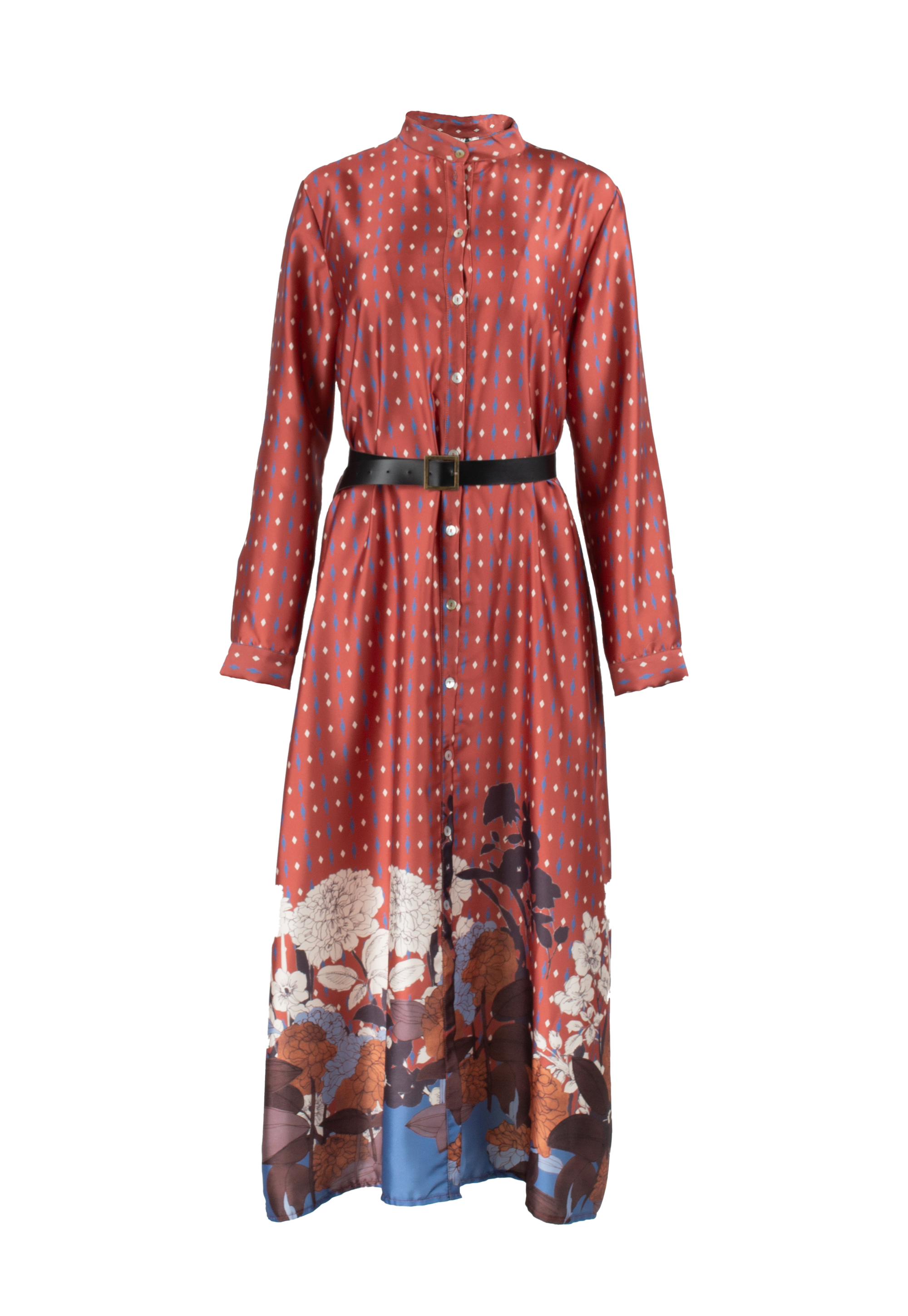 Long dress with buttons, belt and floral print