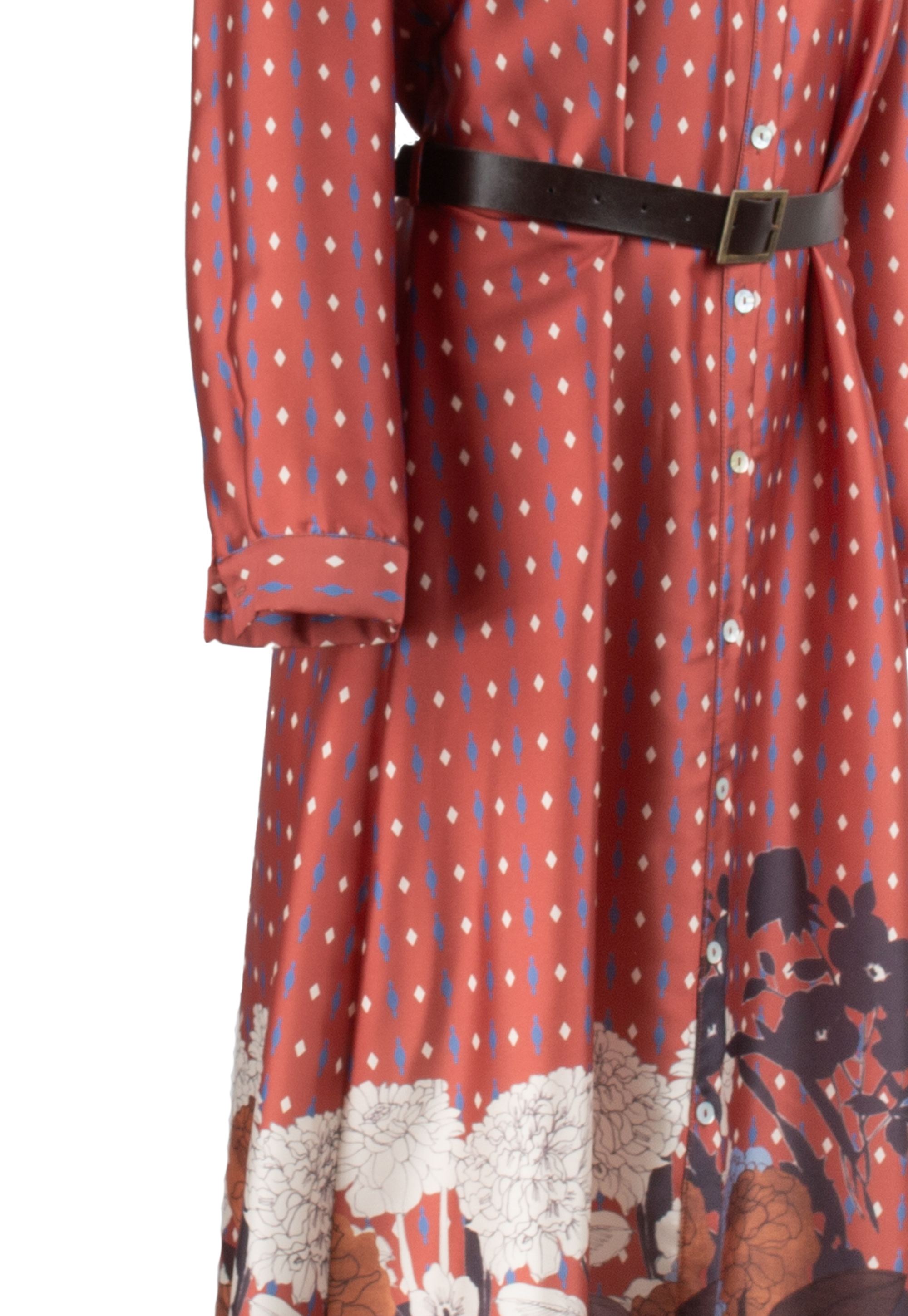 Long dress with buttons, belt and floral print