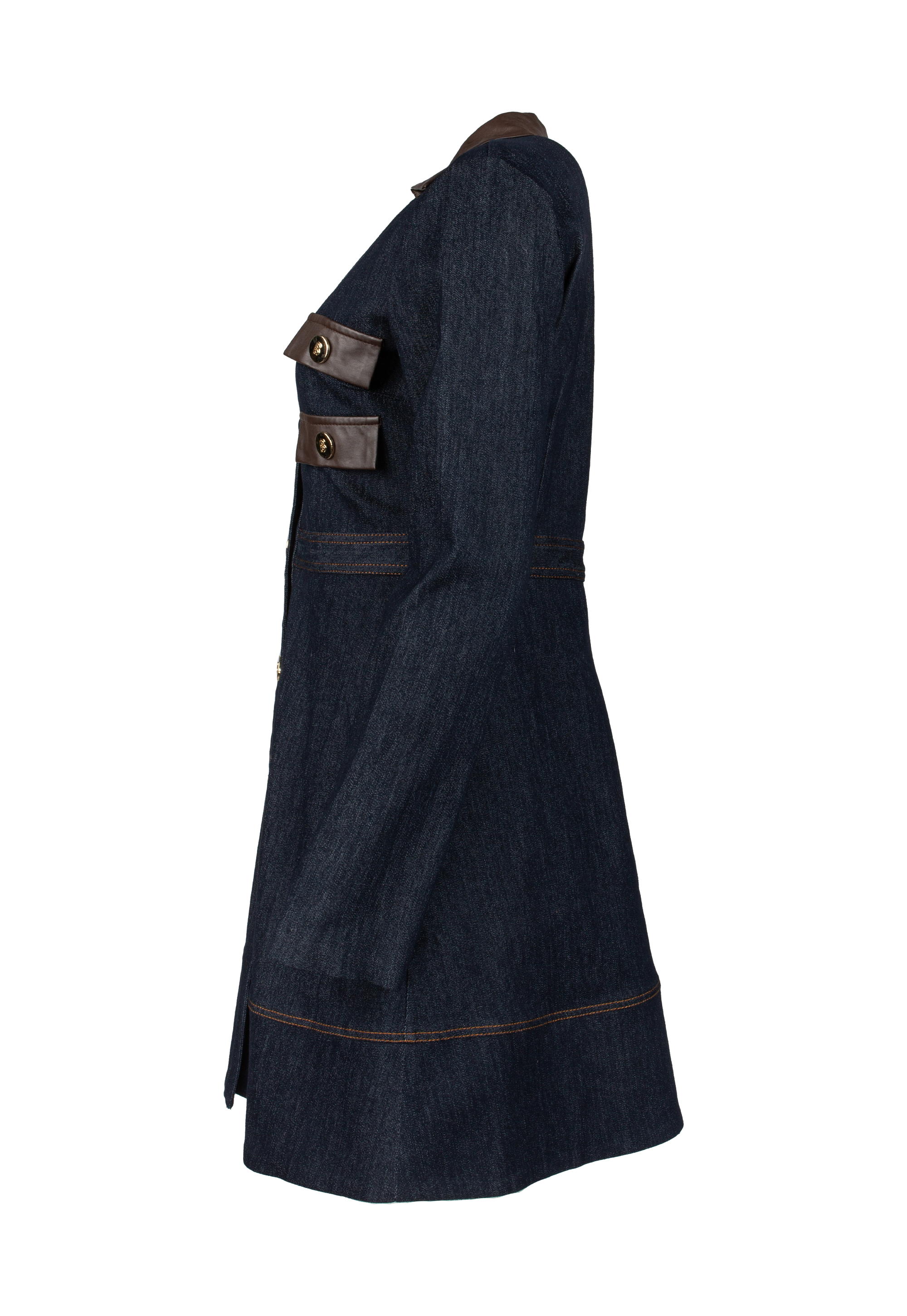 Denim dress with brown faux leather details