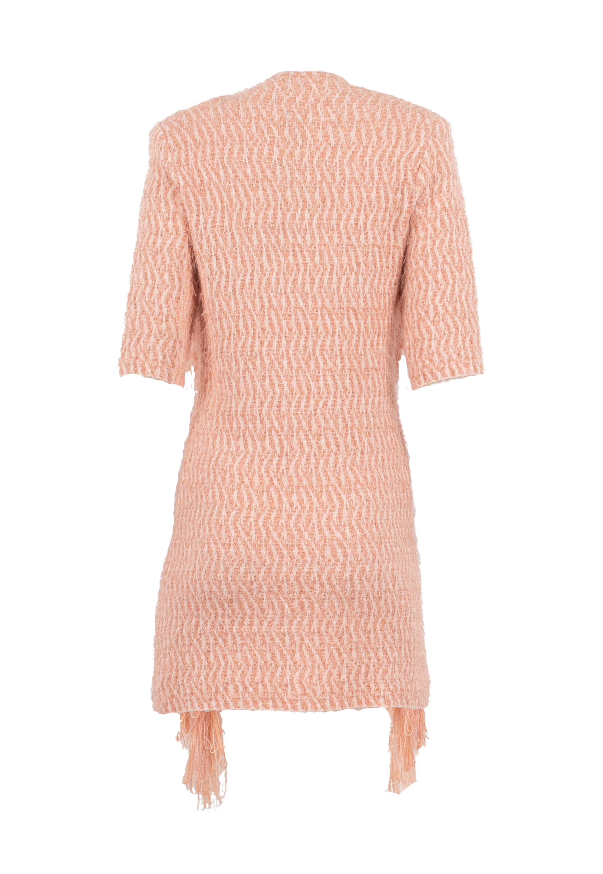 Pink knitted dress with gold buttons and fringes