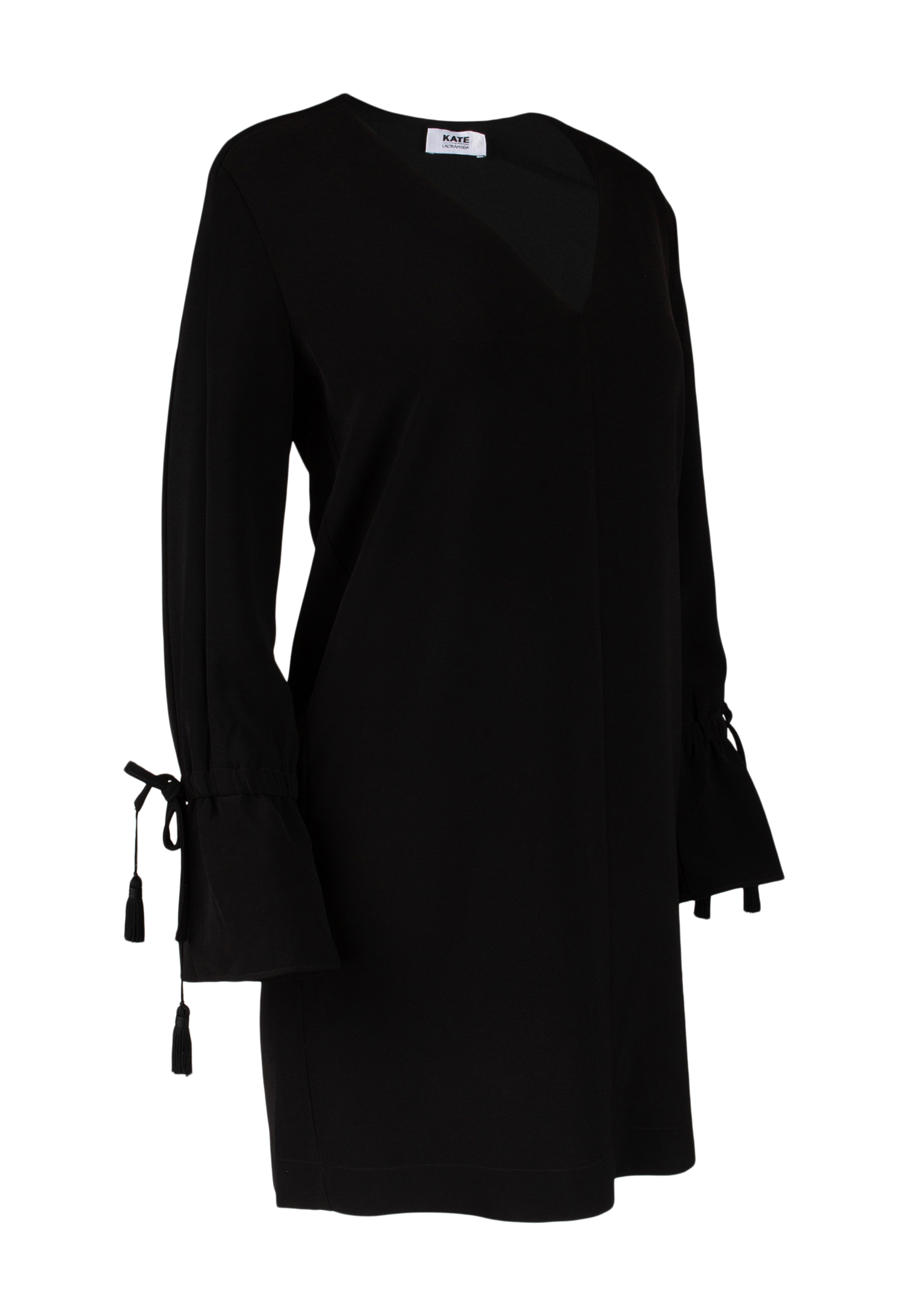 Black dress with padded shoulders and ties on the sleeves