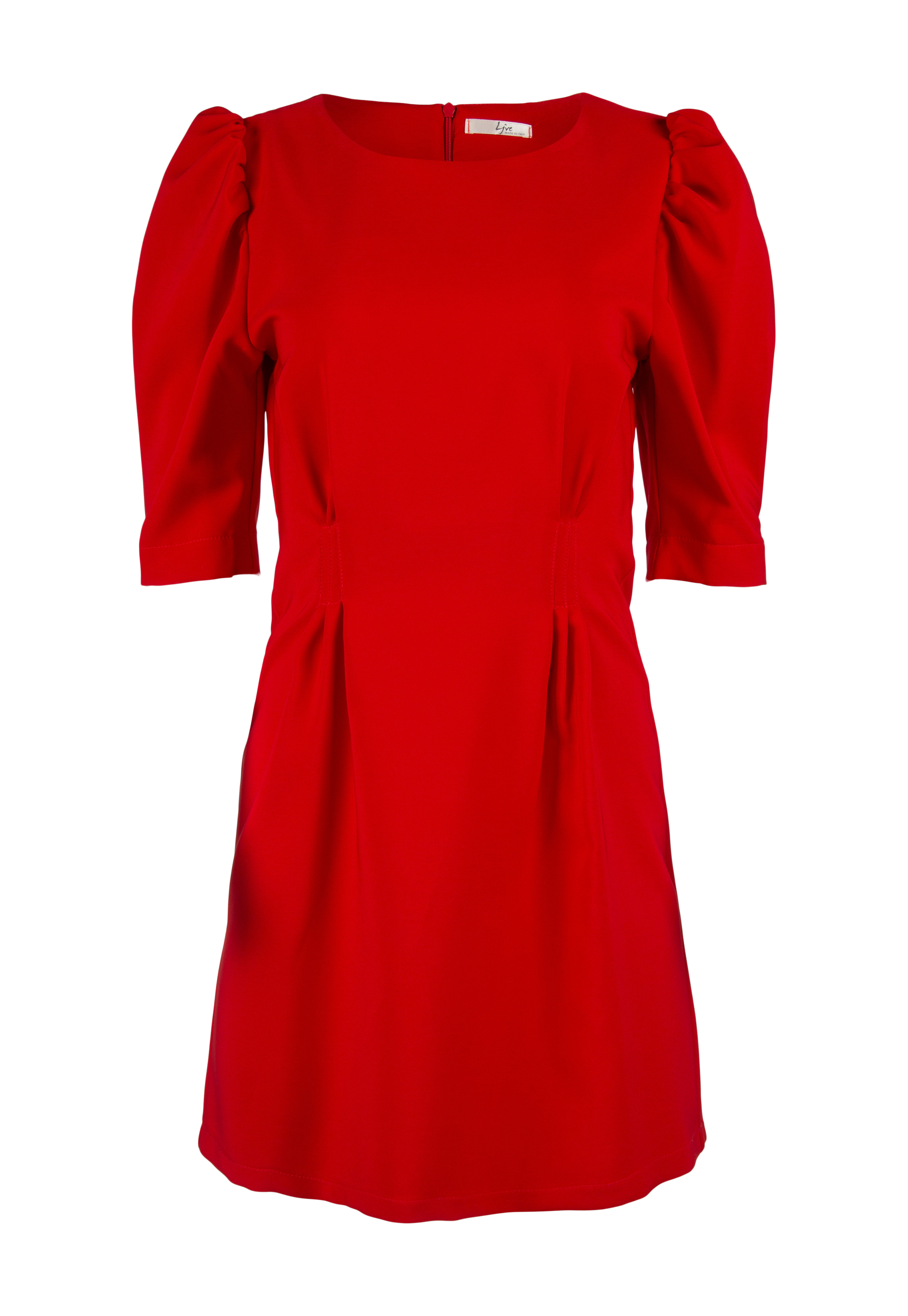 Red knee-length dress with puffy sleeves