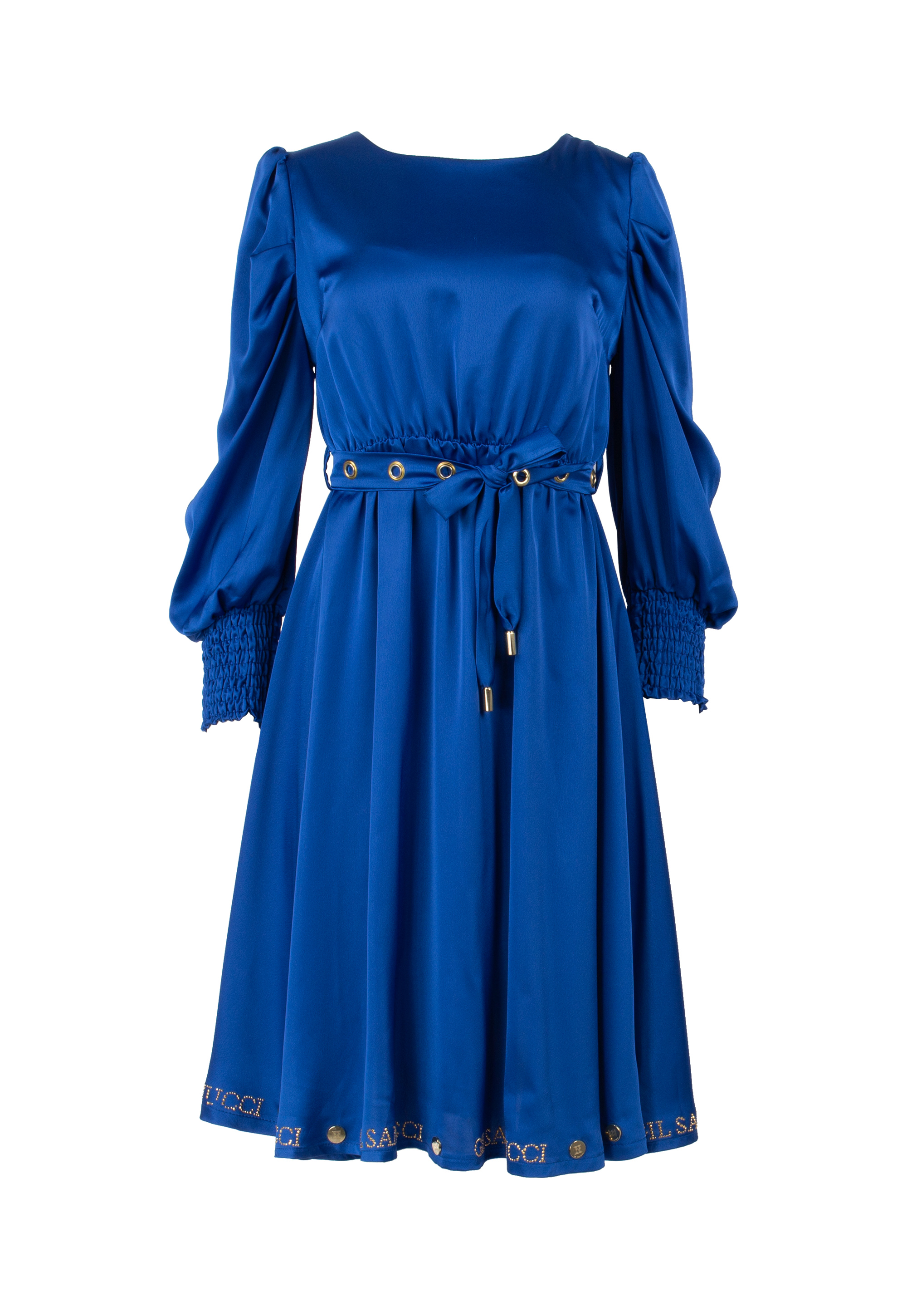 Satin looking dress, Parisian blue with gold details