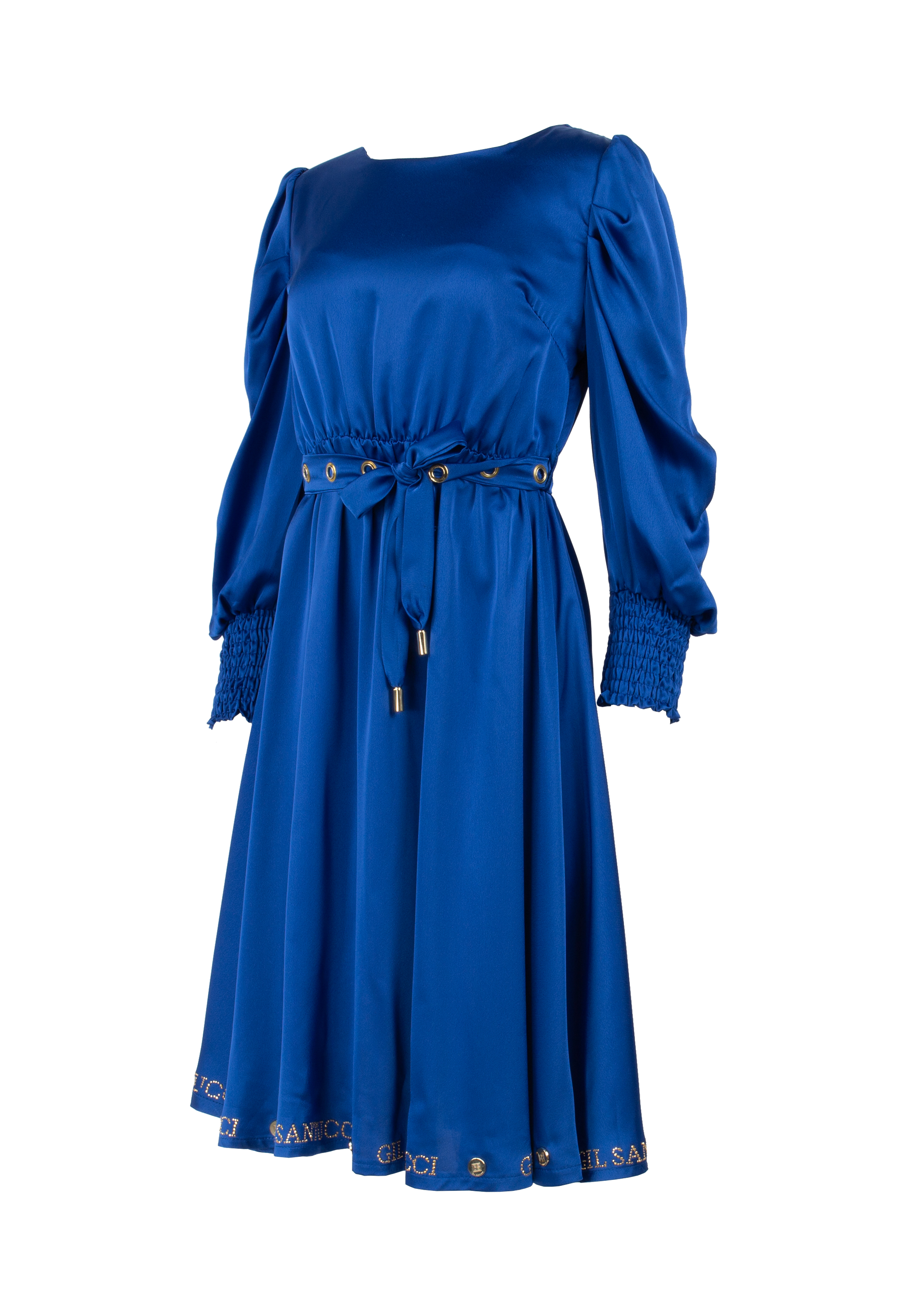 Satin looking dress, Parisian blue with gold details