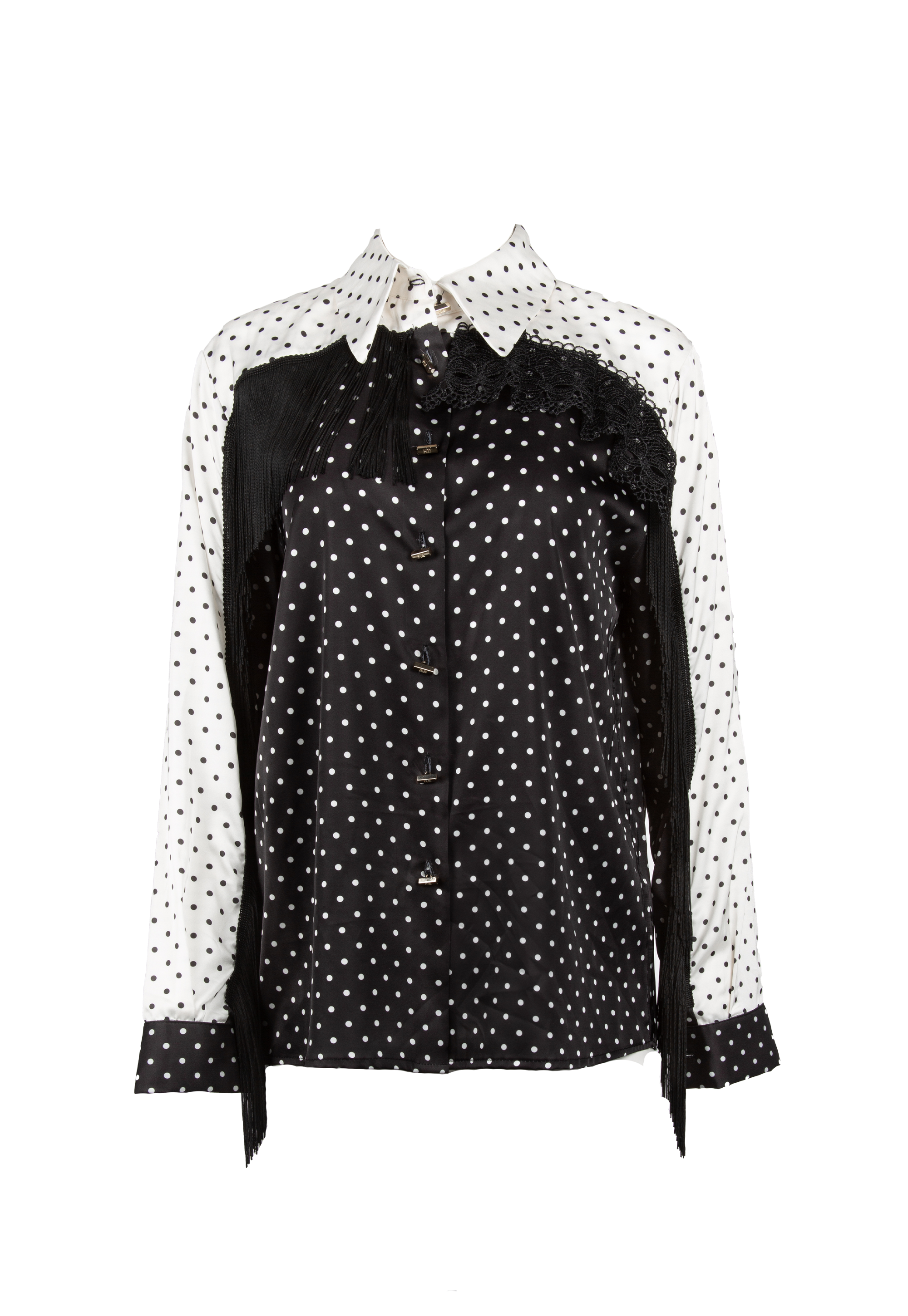 Black and white shirt with dots, tassels and lace