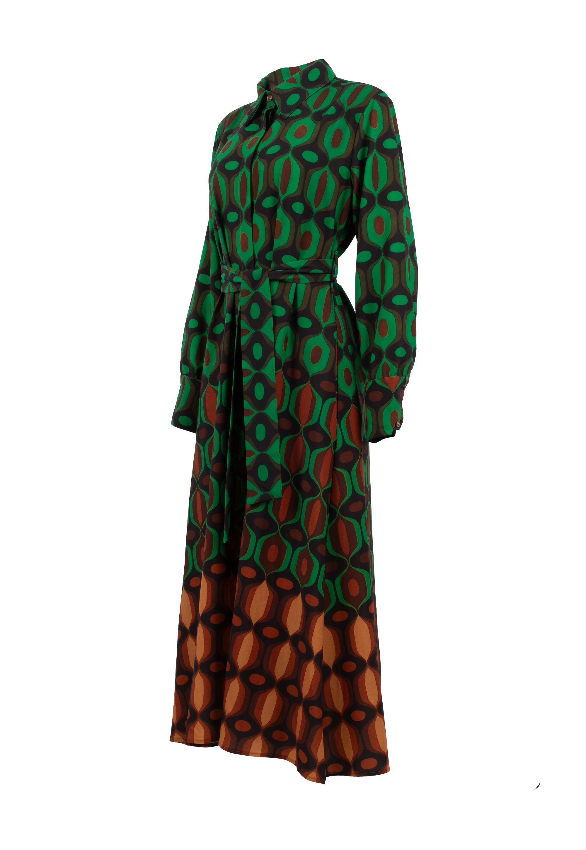 Green-brown patterned dress with belt