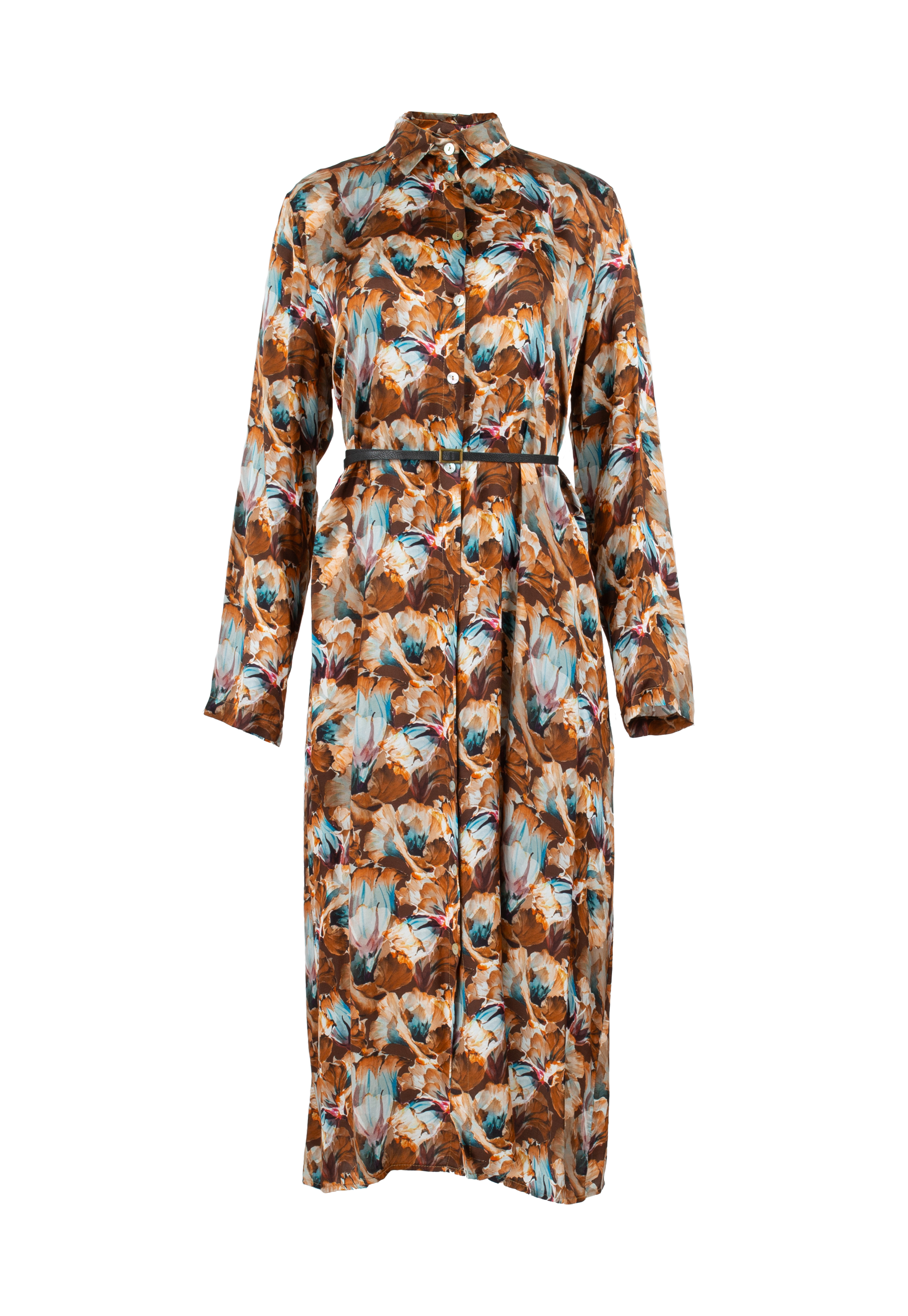 Midi dress with floral pattern in shades of brown and blue with belt