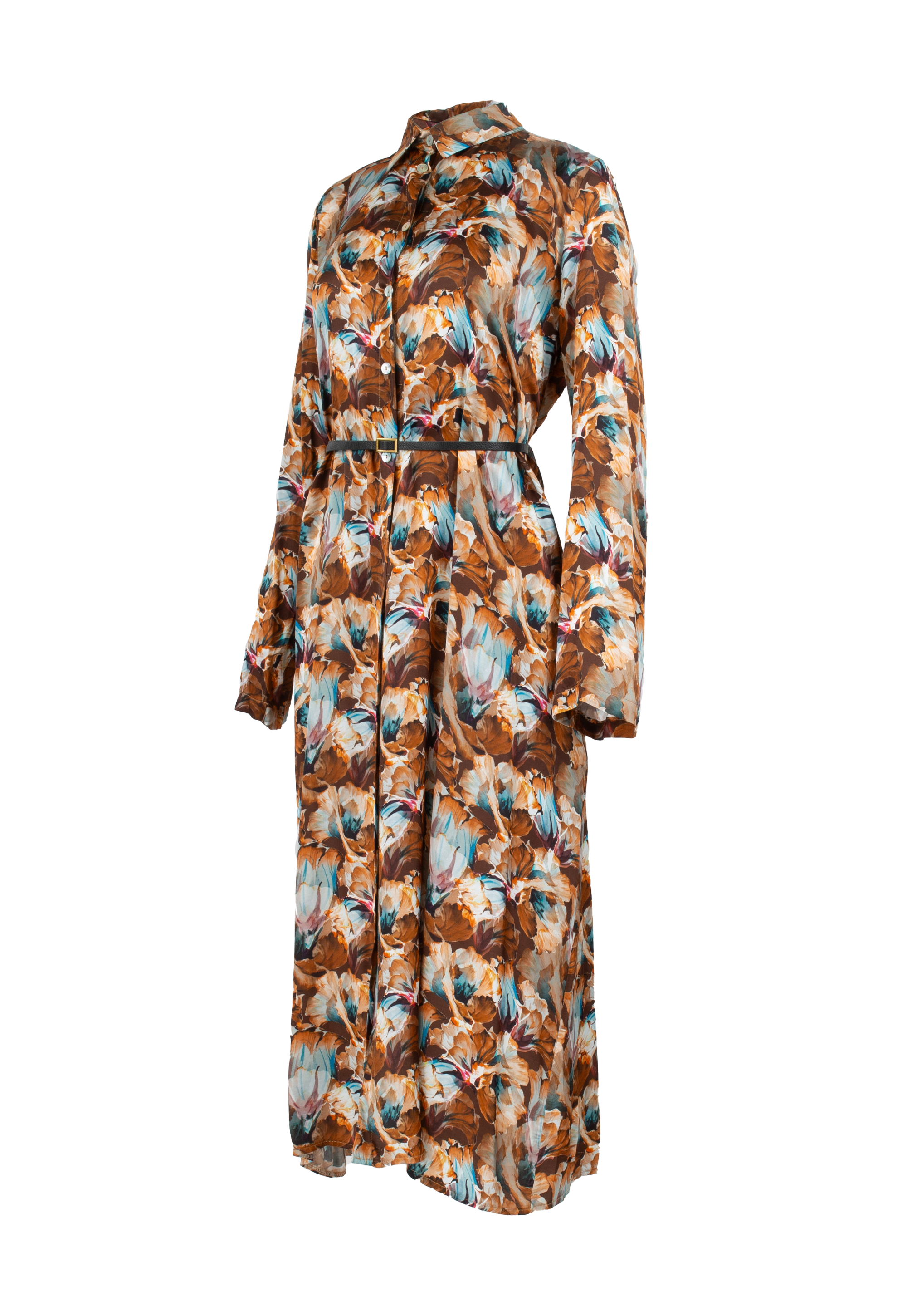 Midi dress with floral pattern in shades of brown and blue with belt