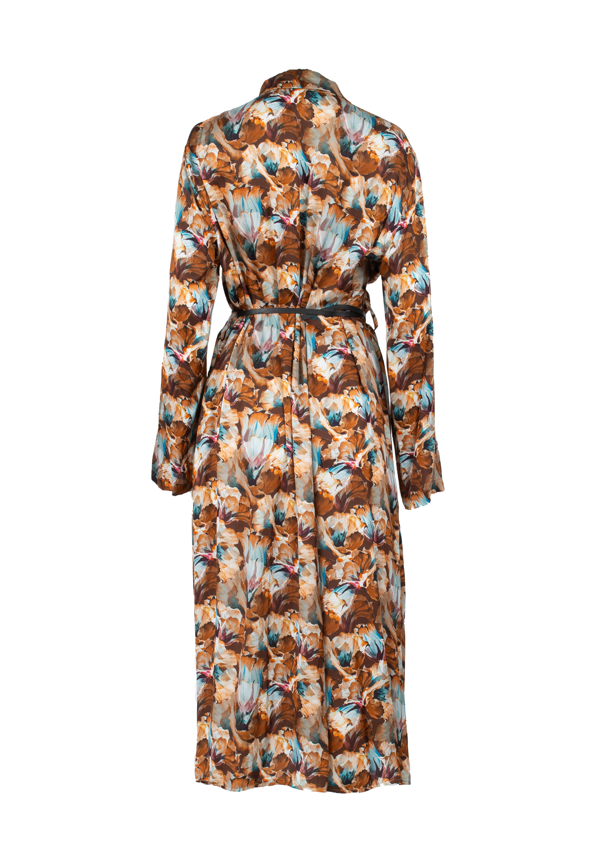 Midi dress with floral pattern in shades of brown and blue with belt