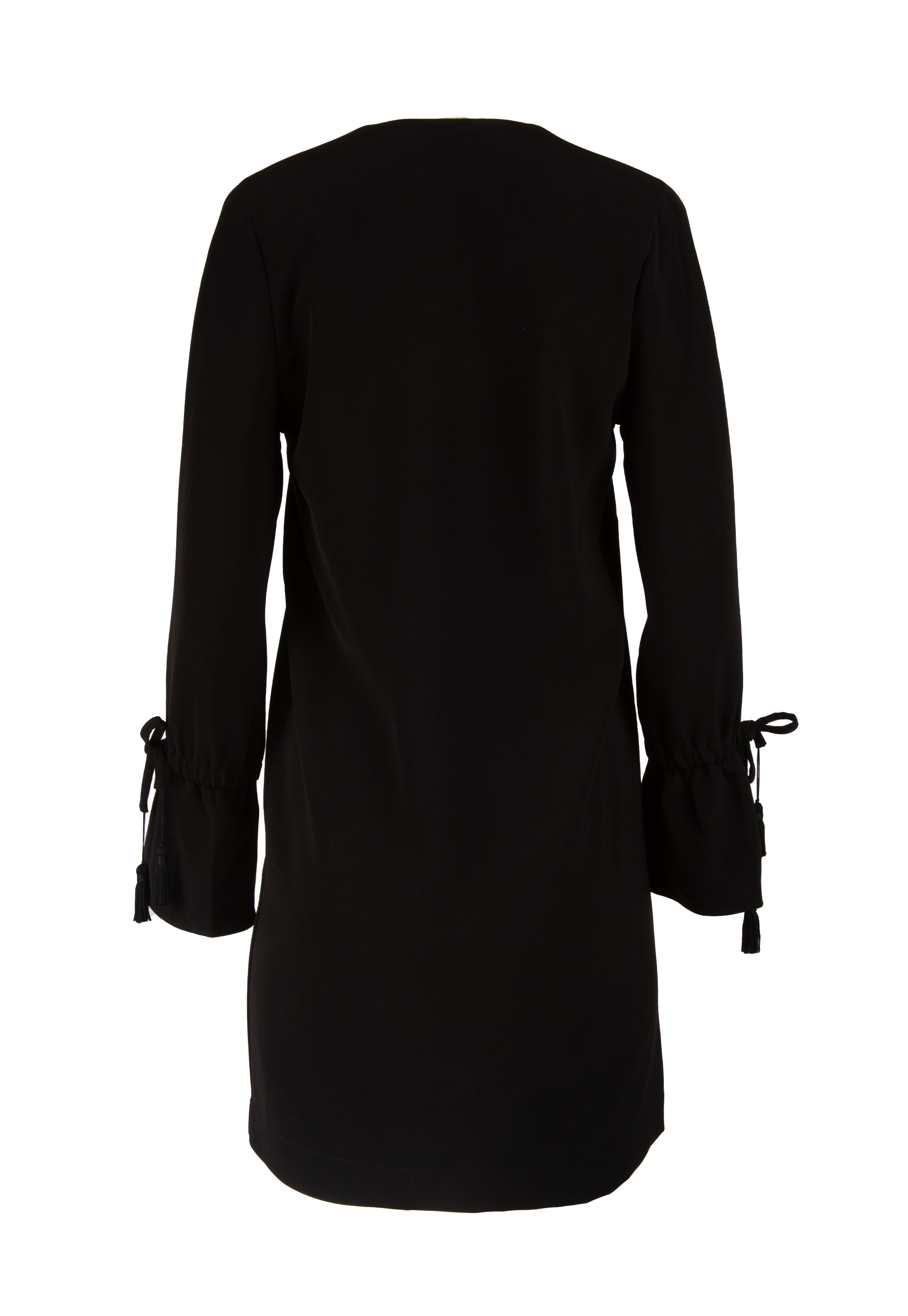 Black dress with padded shoulders and ties on the sleeves