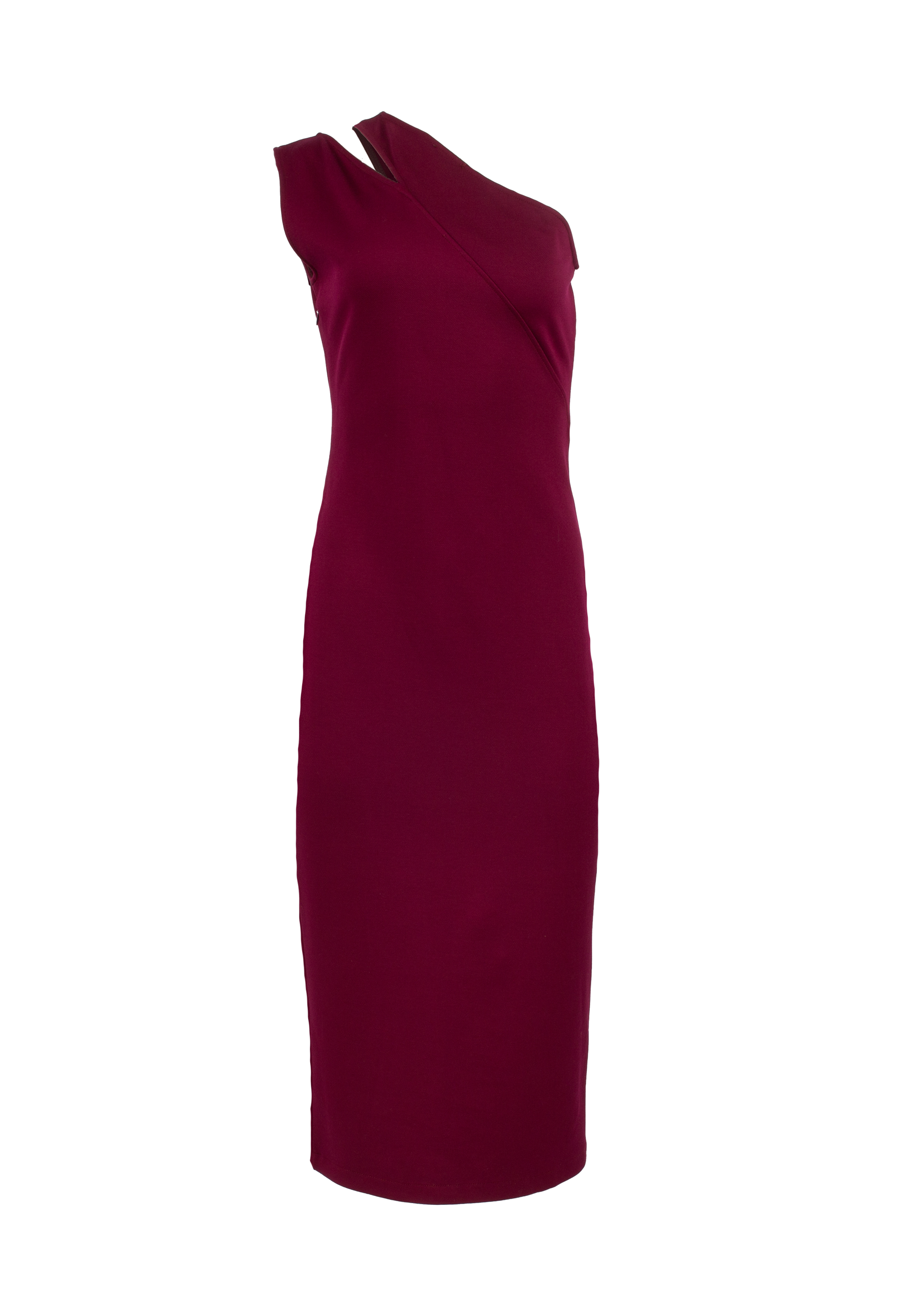 Waisted dress, asymmetrical neckline, burgundy color