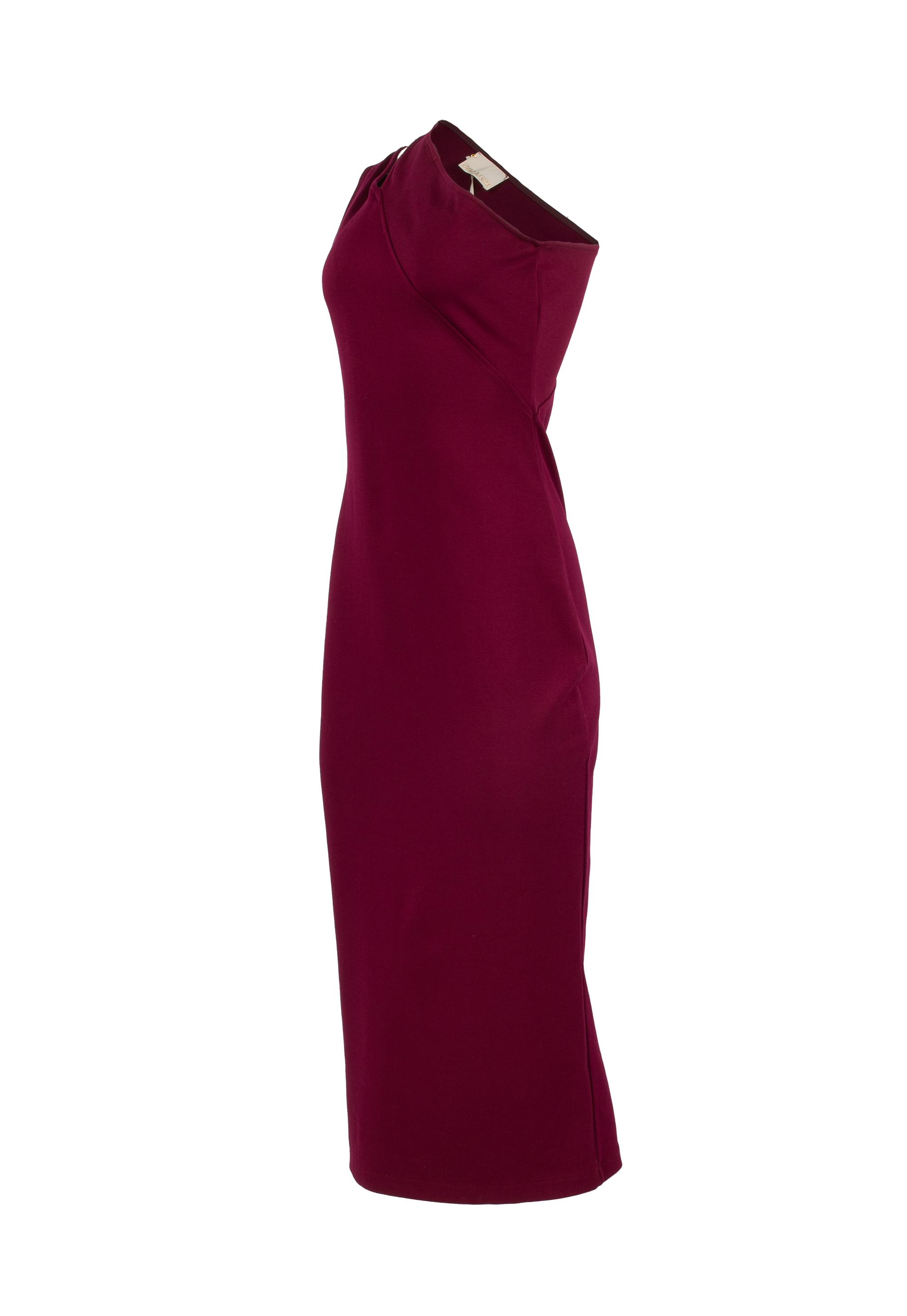 Waisted dress, asymmetrical neckline, burgundy color