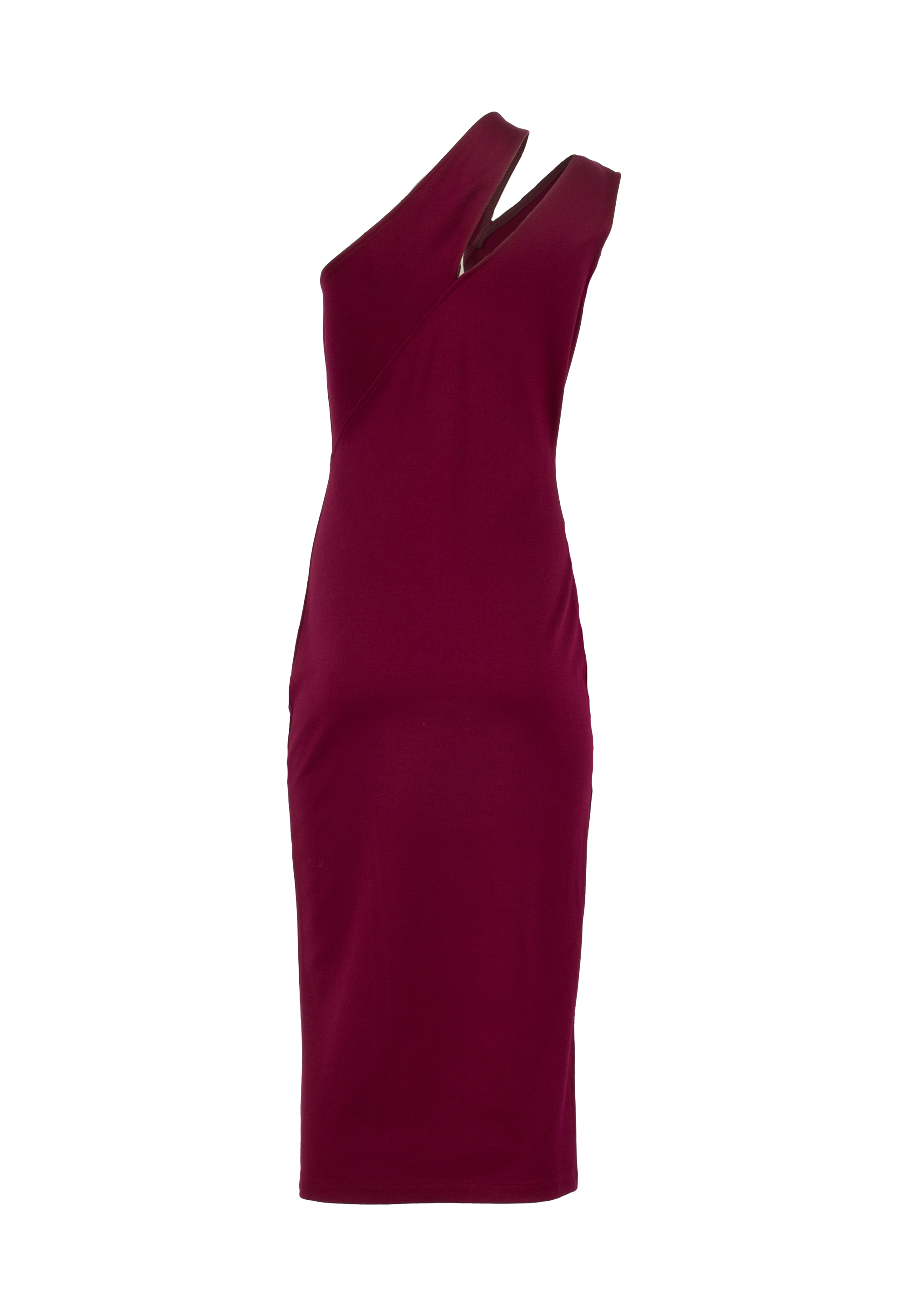 Waisted dress, asymmetrical neckline, burgundy color