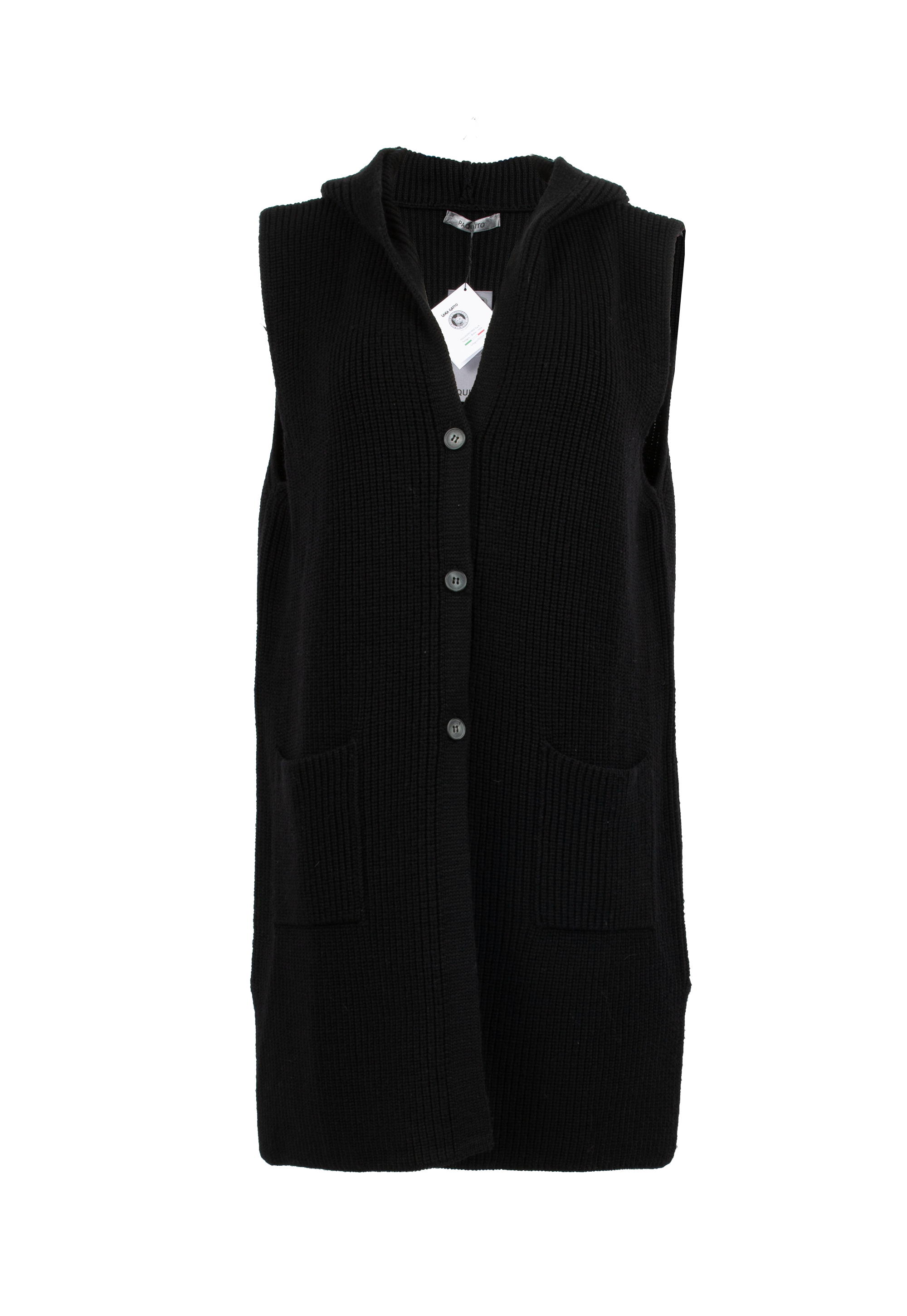 Black knitted vest with hood and pockets