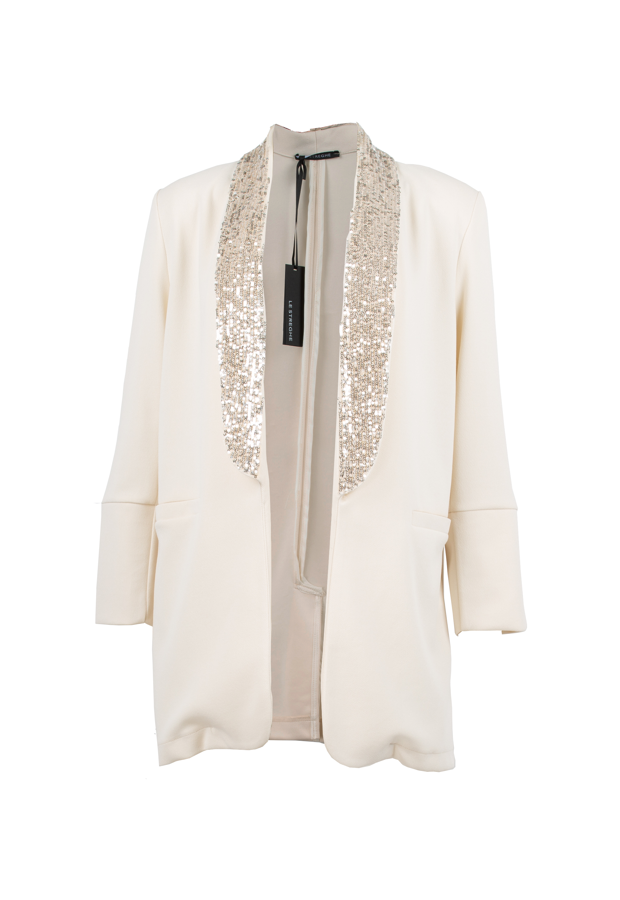 Ivory colored jacket with silver scales and shoulder pads