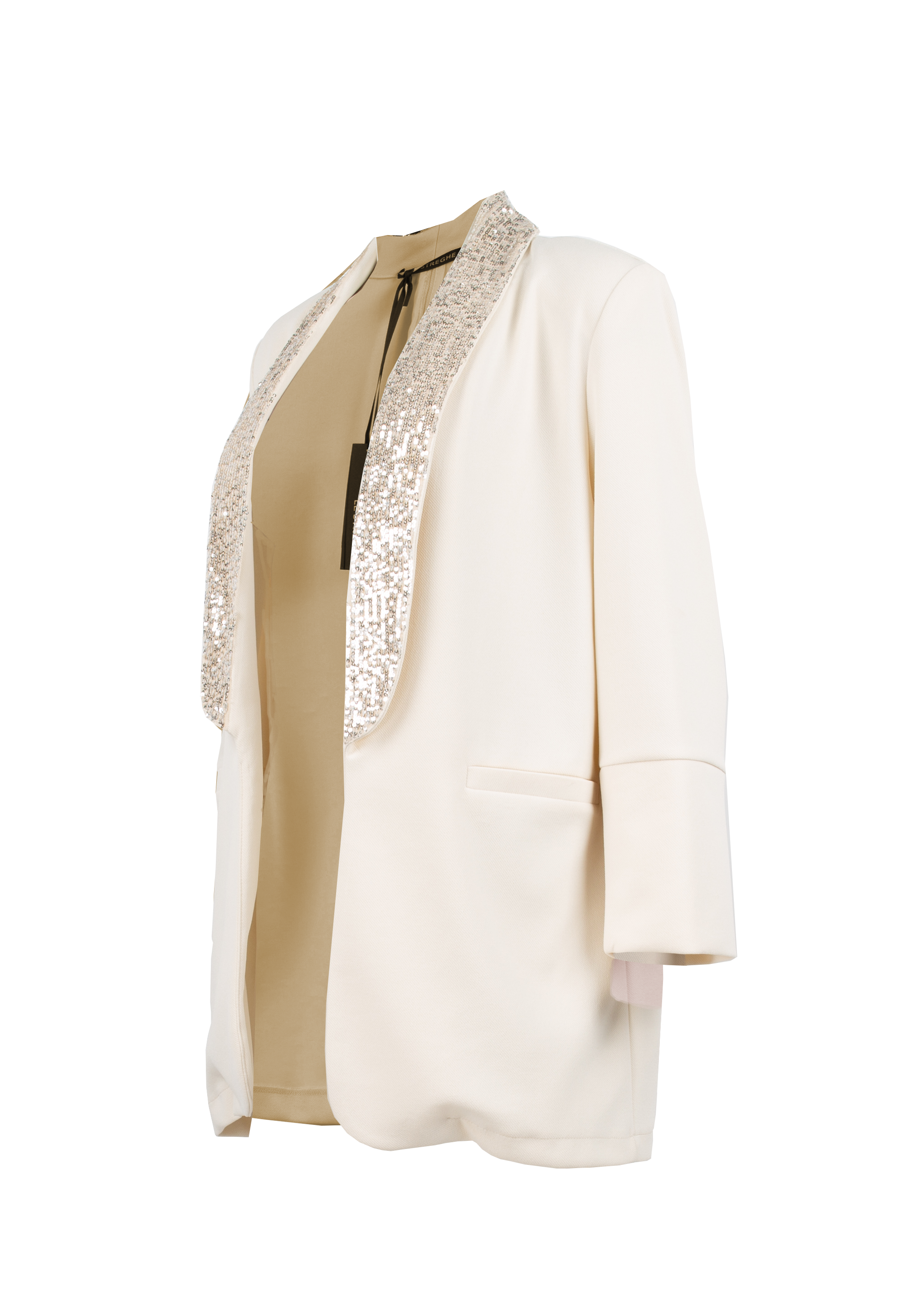 Ivory colored jacket with silver scales and shoulder pads