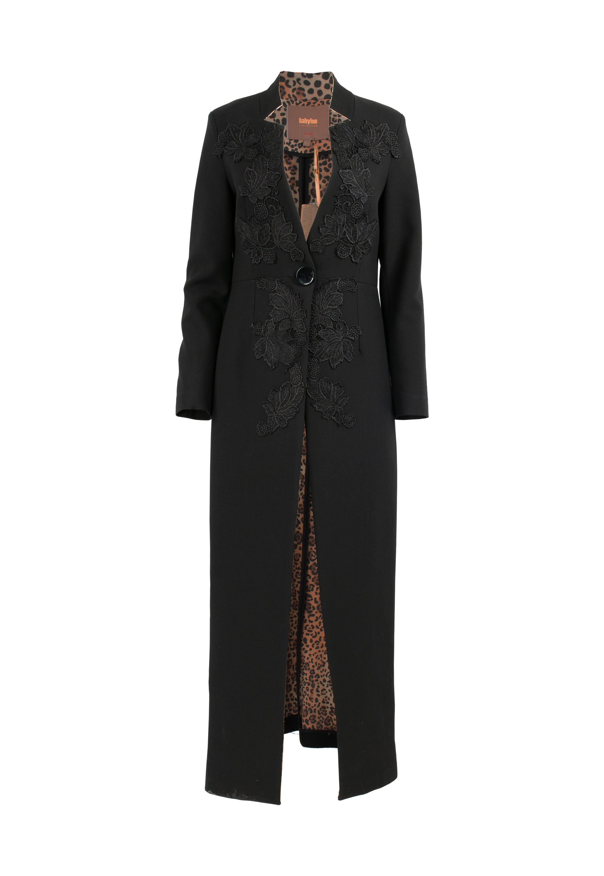 Black long coat with leopard print lining and black knitted flowers on the front