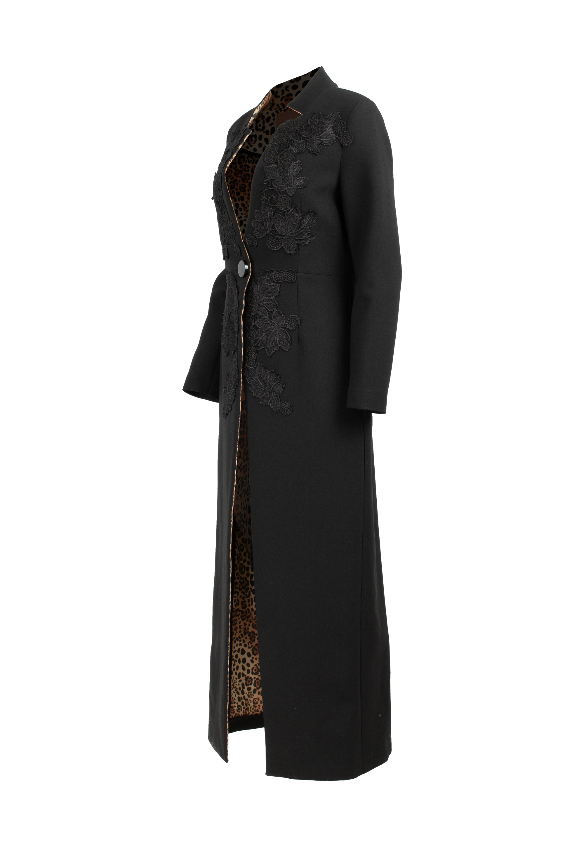 Black long coat with leopard print lining and black knitted flowers on the front