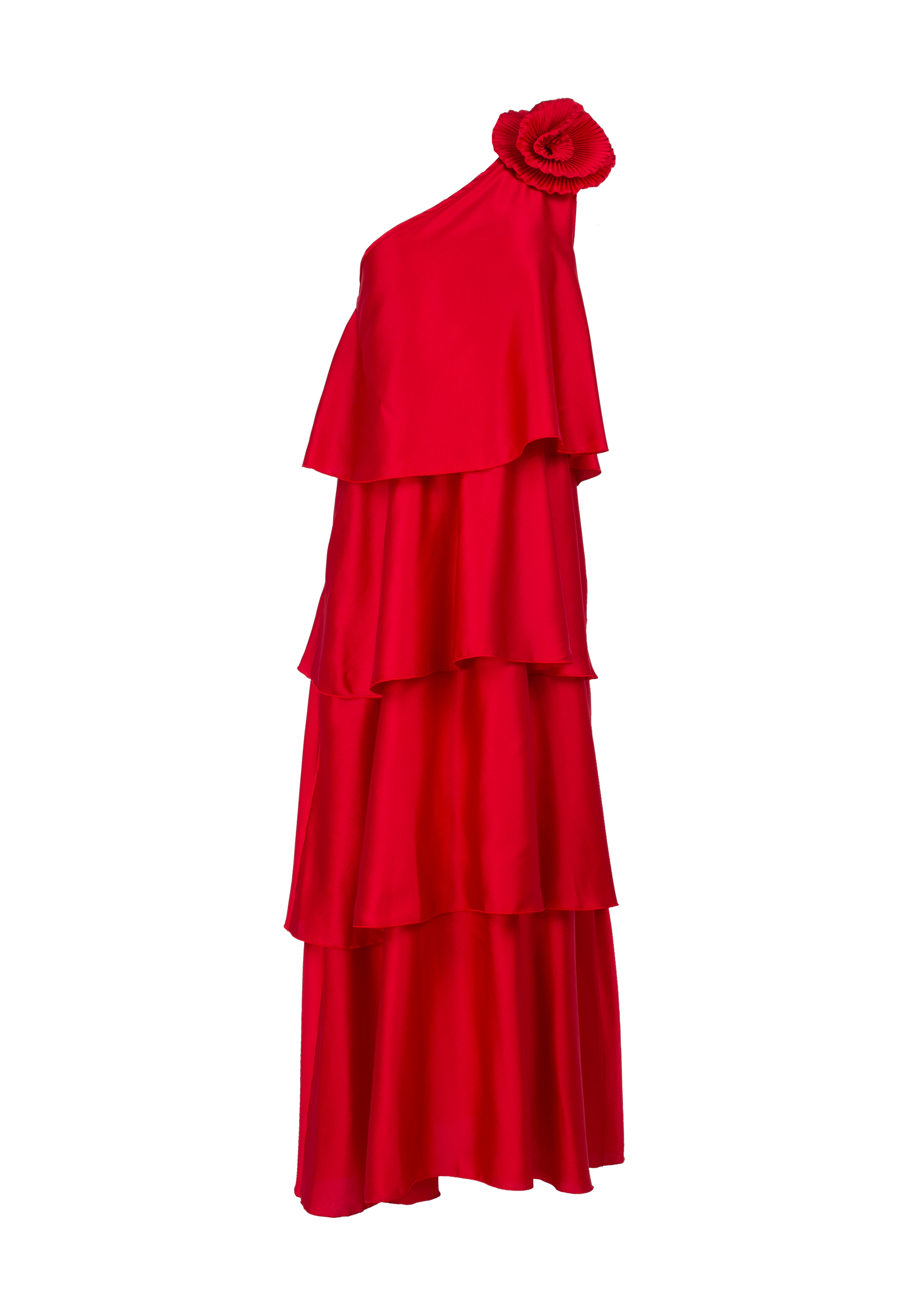 Red satin dress with waves and red flower on one shoulder