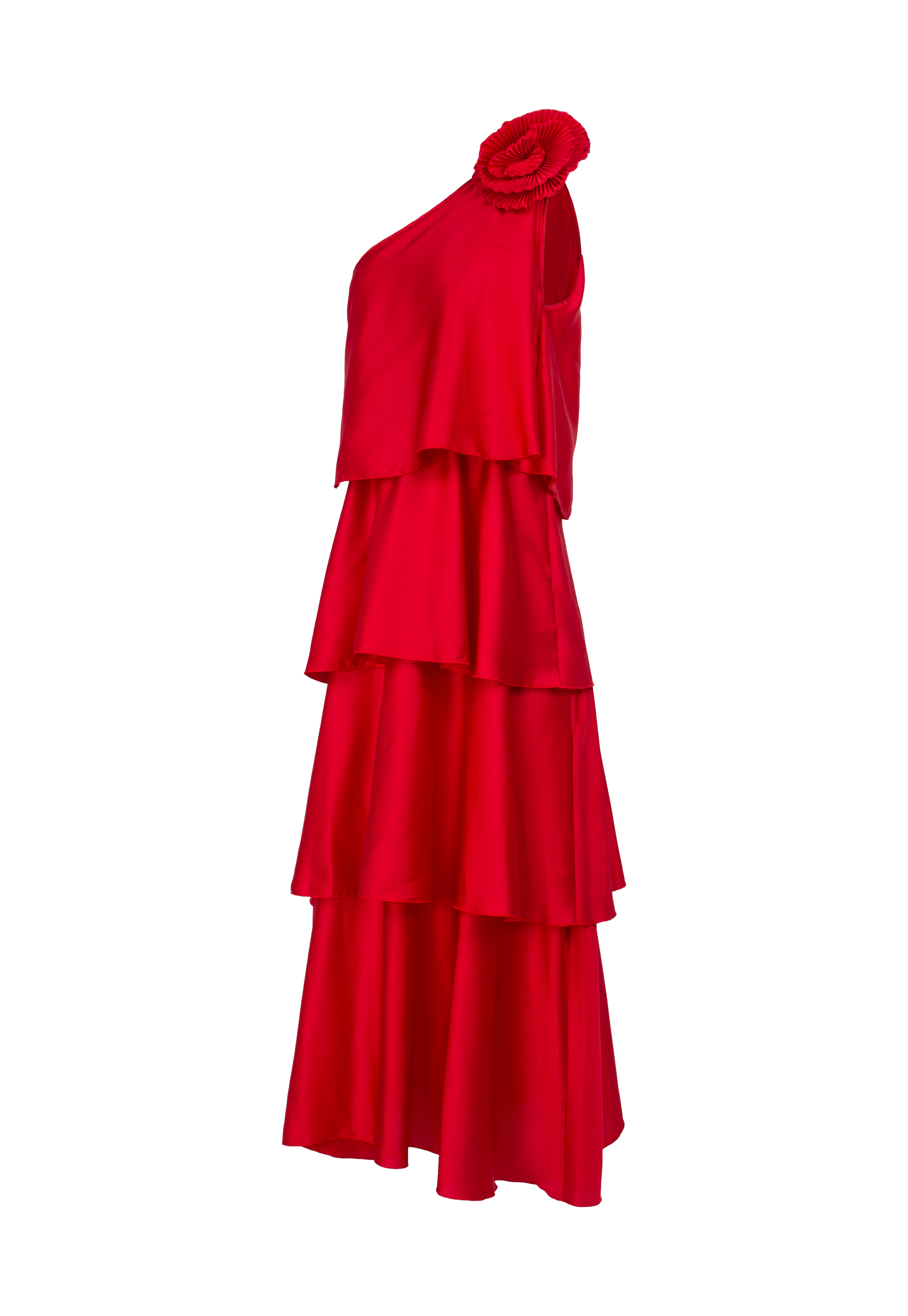 Red satin dress with waves and red flower on one shoulder