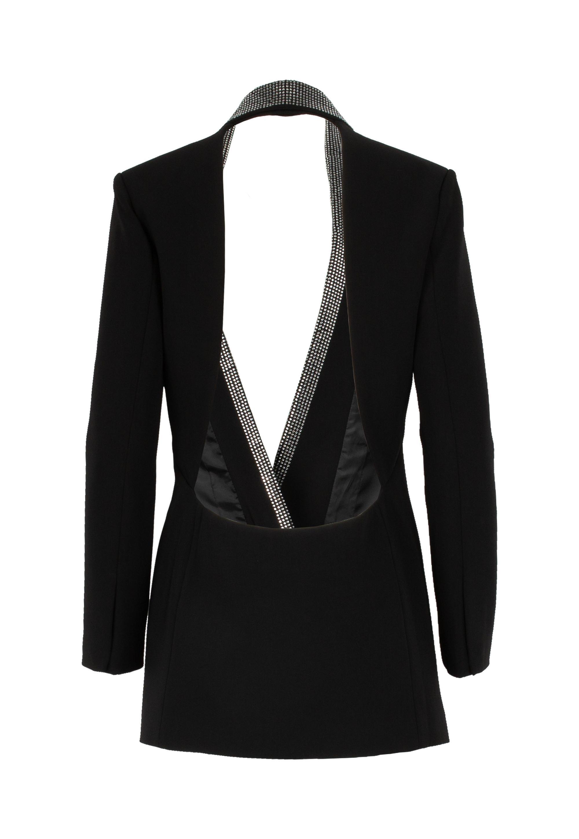 Black deep-cut jacket with crystals and opening on the back