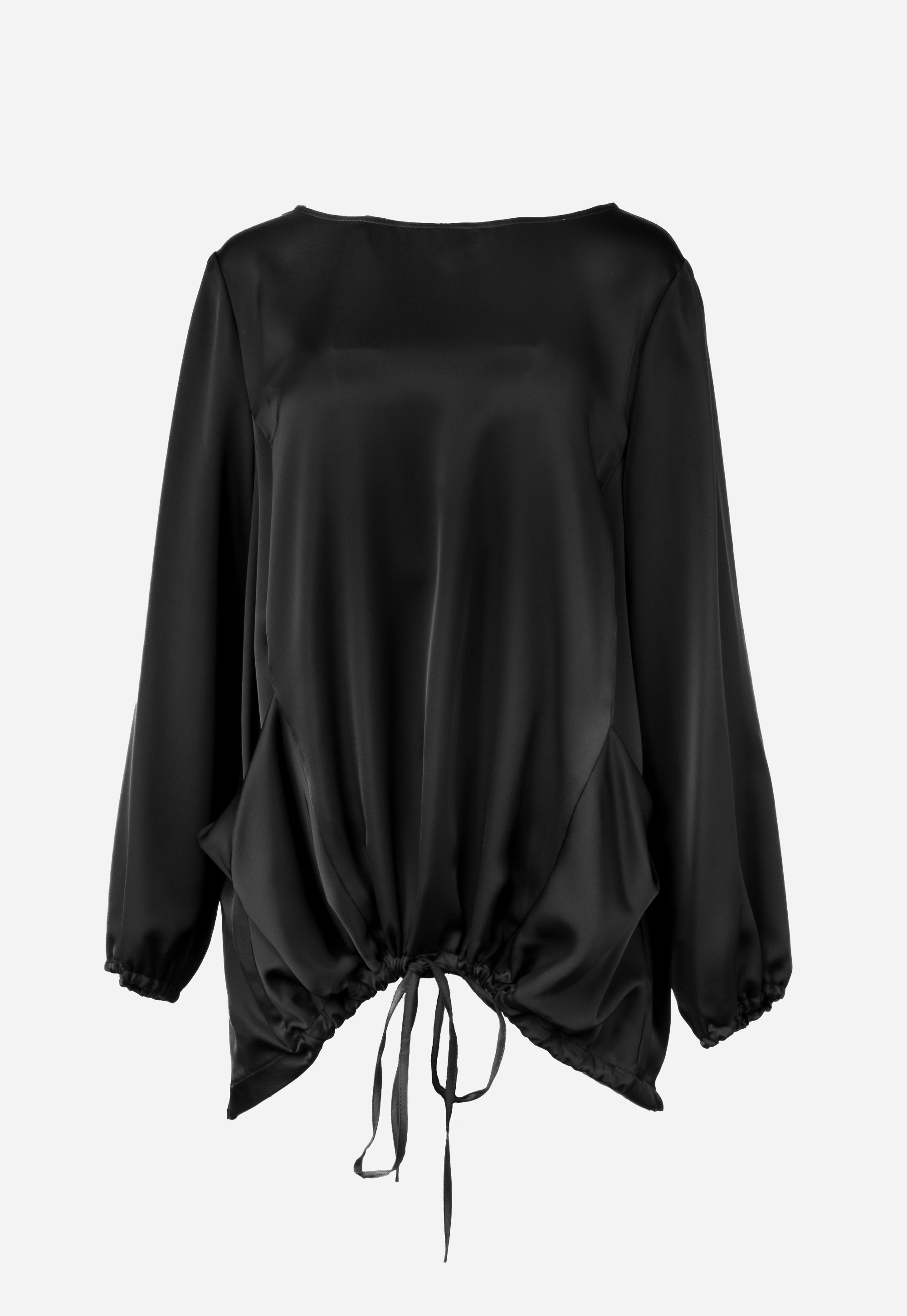 Black long-sleeved blouse with drawstring