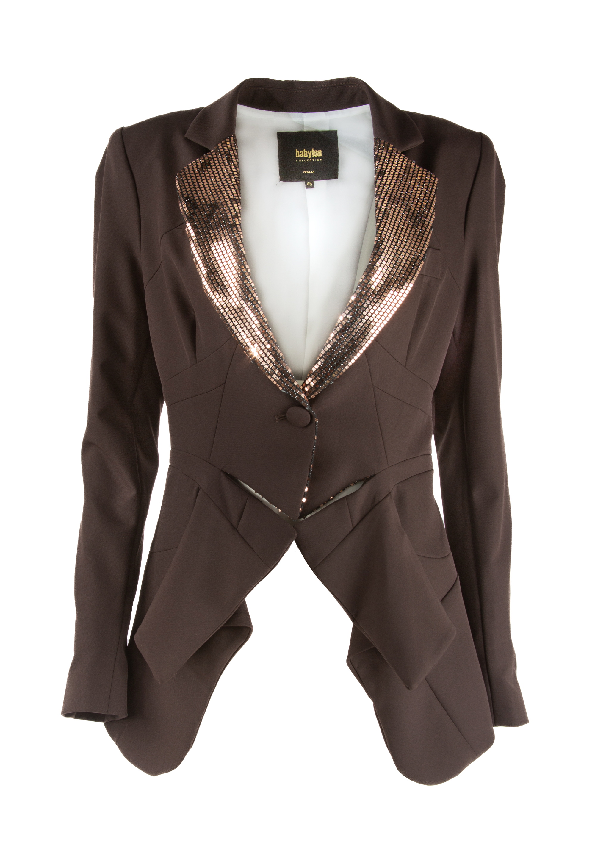 Waisted jacket with a cut-out front and shiny collar