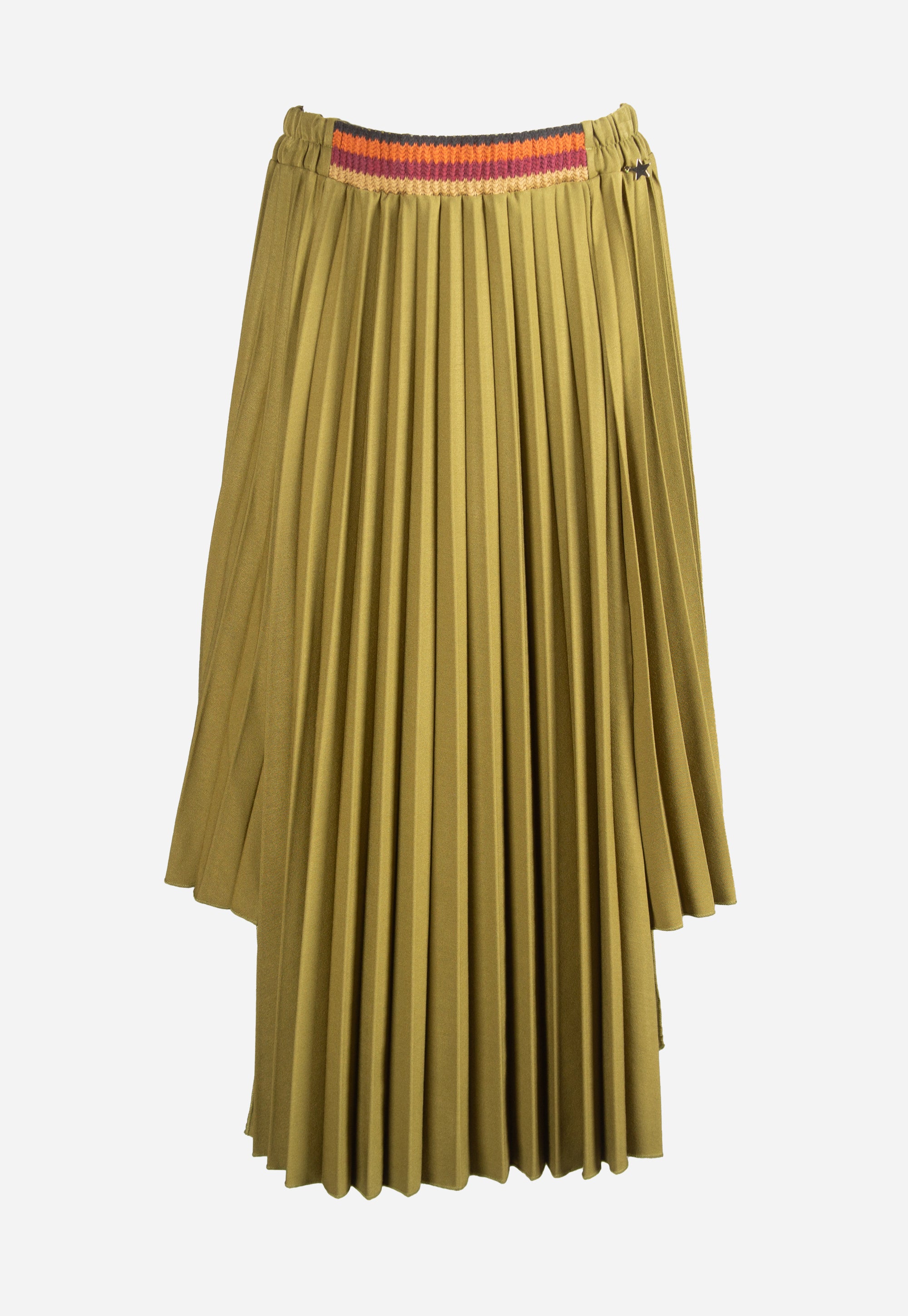 Olive green pleated skirt with colorful belt