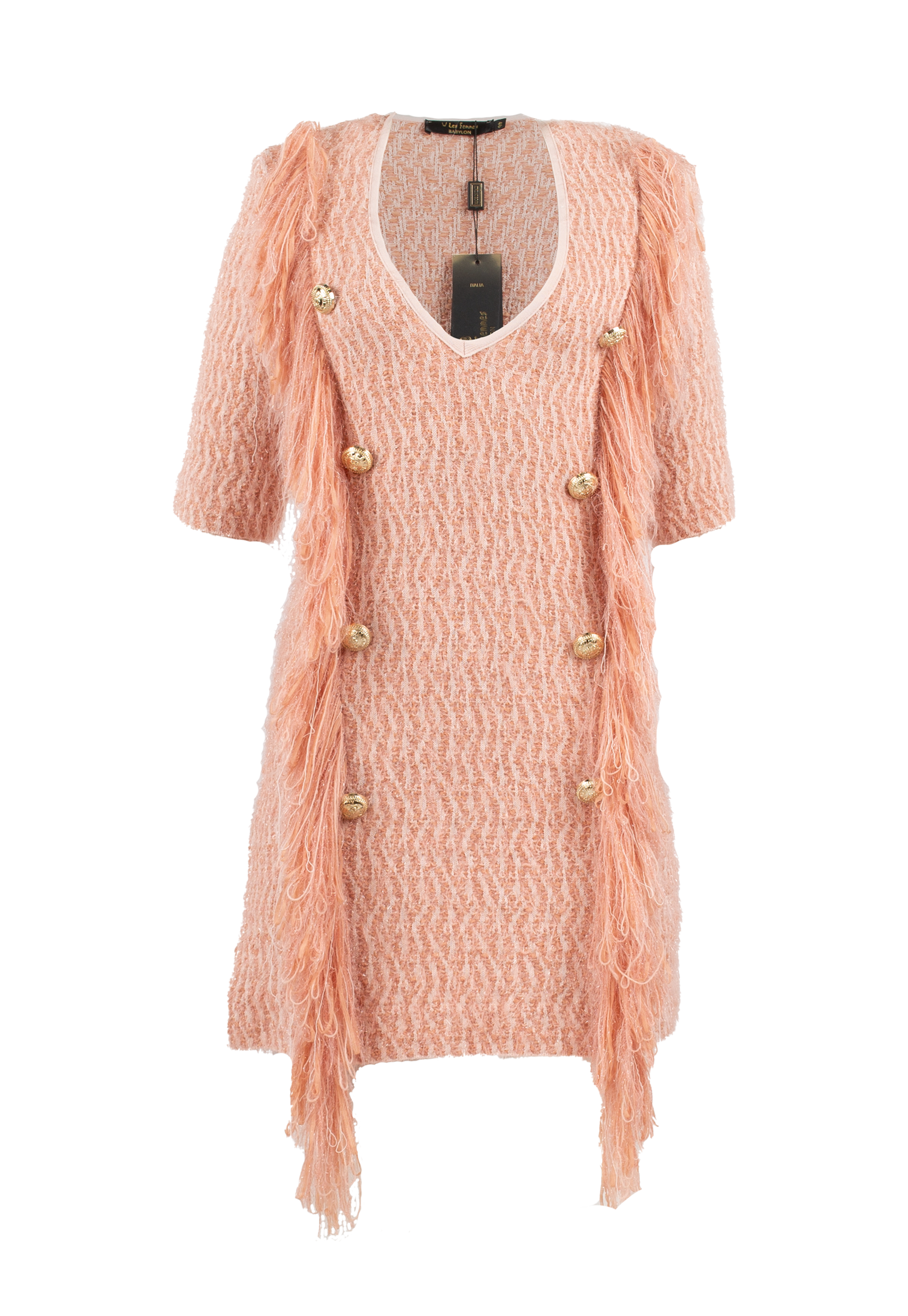 Pink knitted dress with gold buttons and fringes