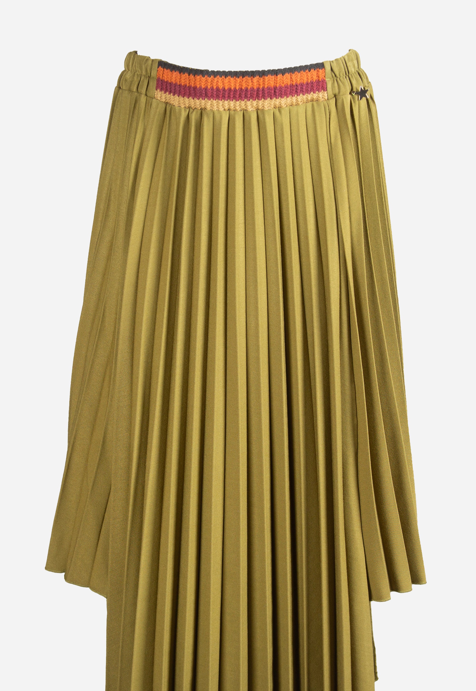 Olive green pleated skirt with colorful belt