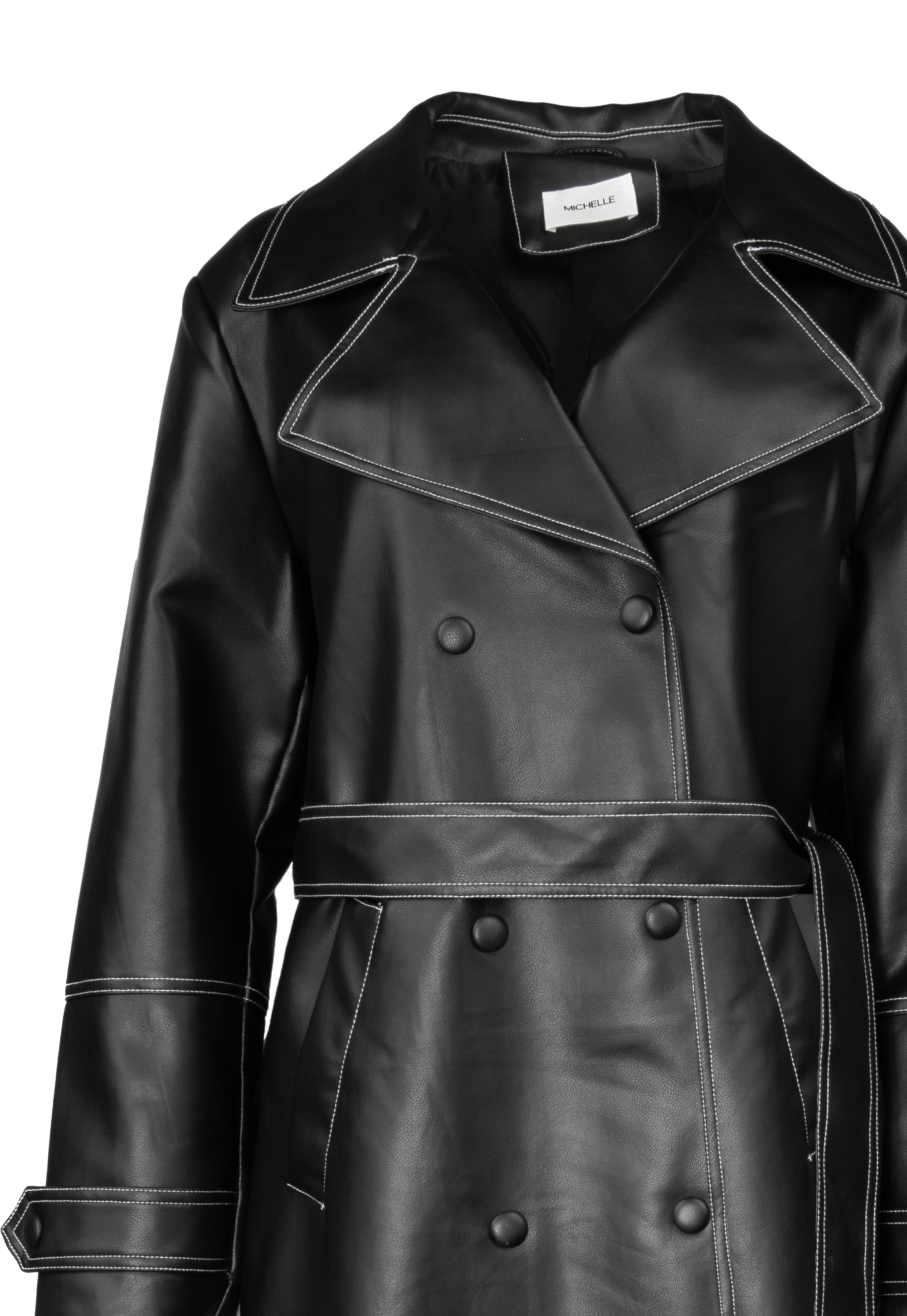 Faux leather coat with white stitching