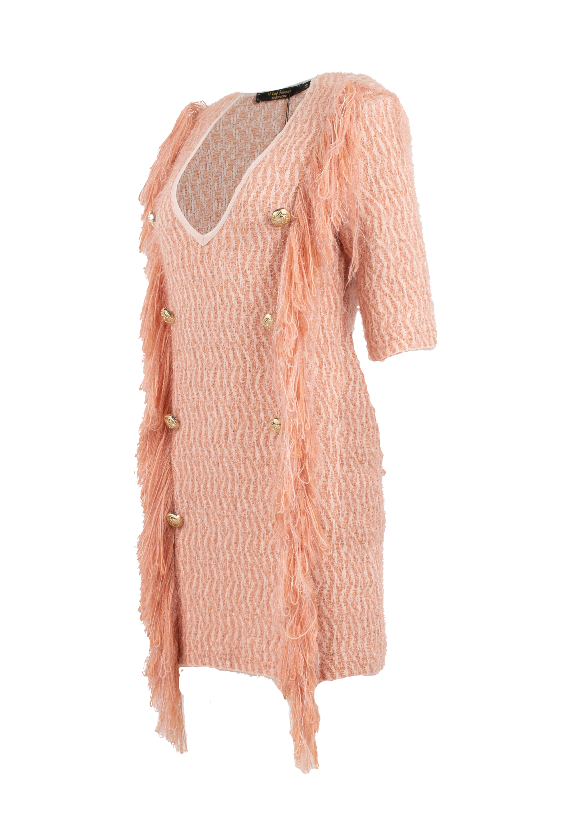 Pink knitted dress with gold buttons and fringes