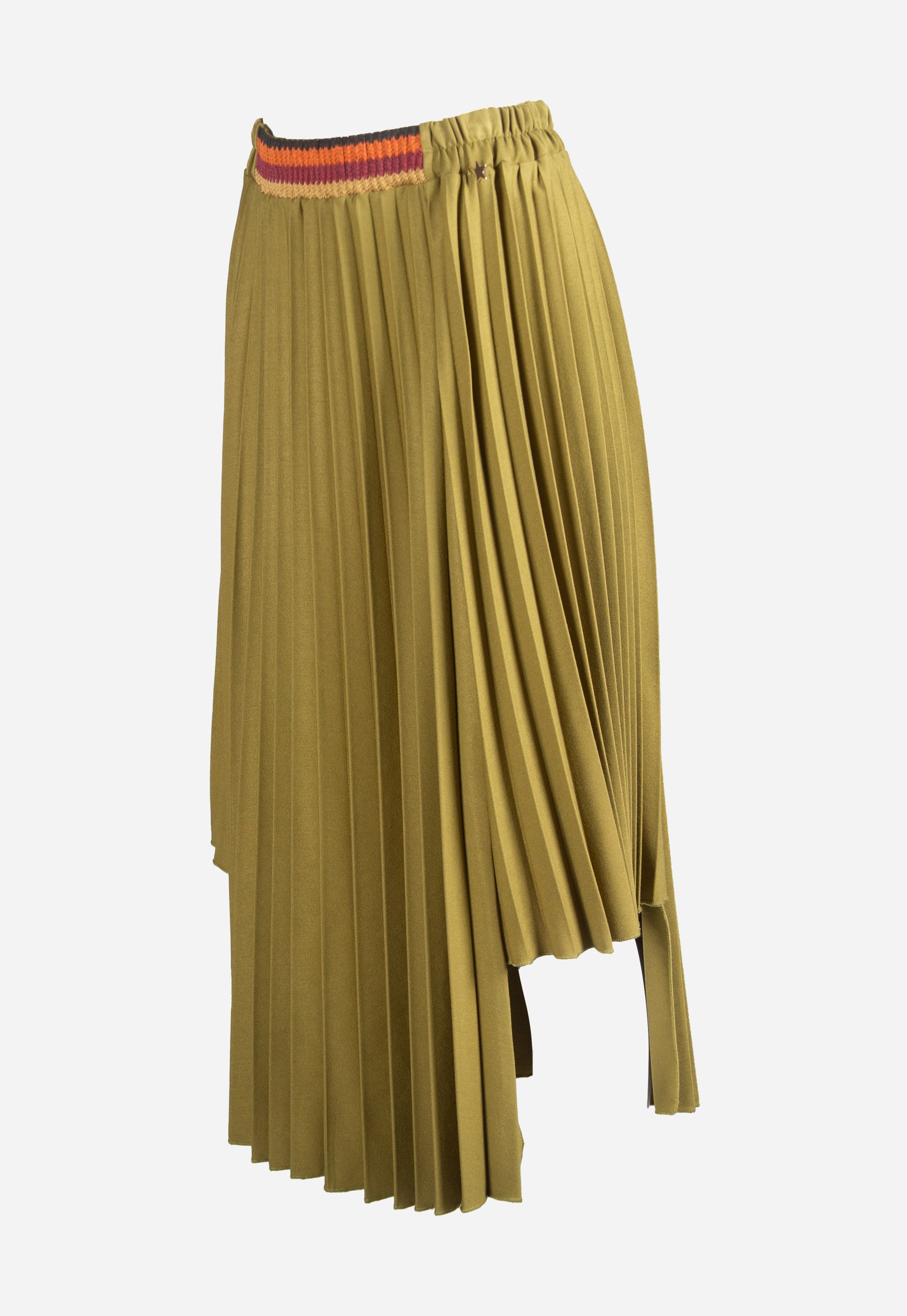 Olive green pleated skirt with colorful belt