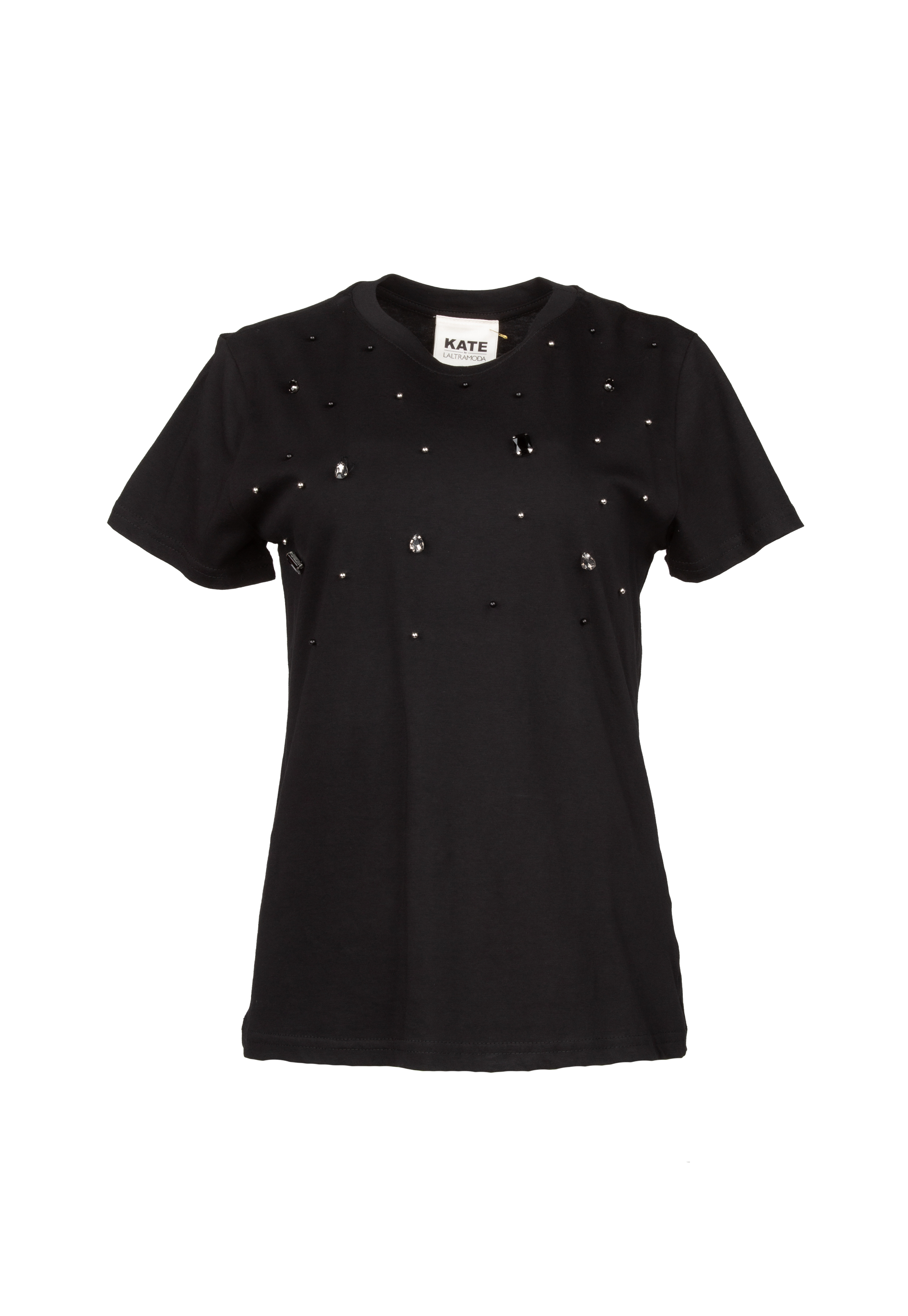 Black T-shirt with sewn-on beads