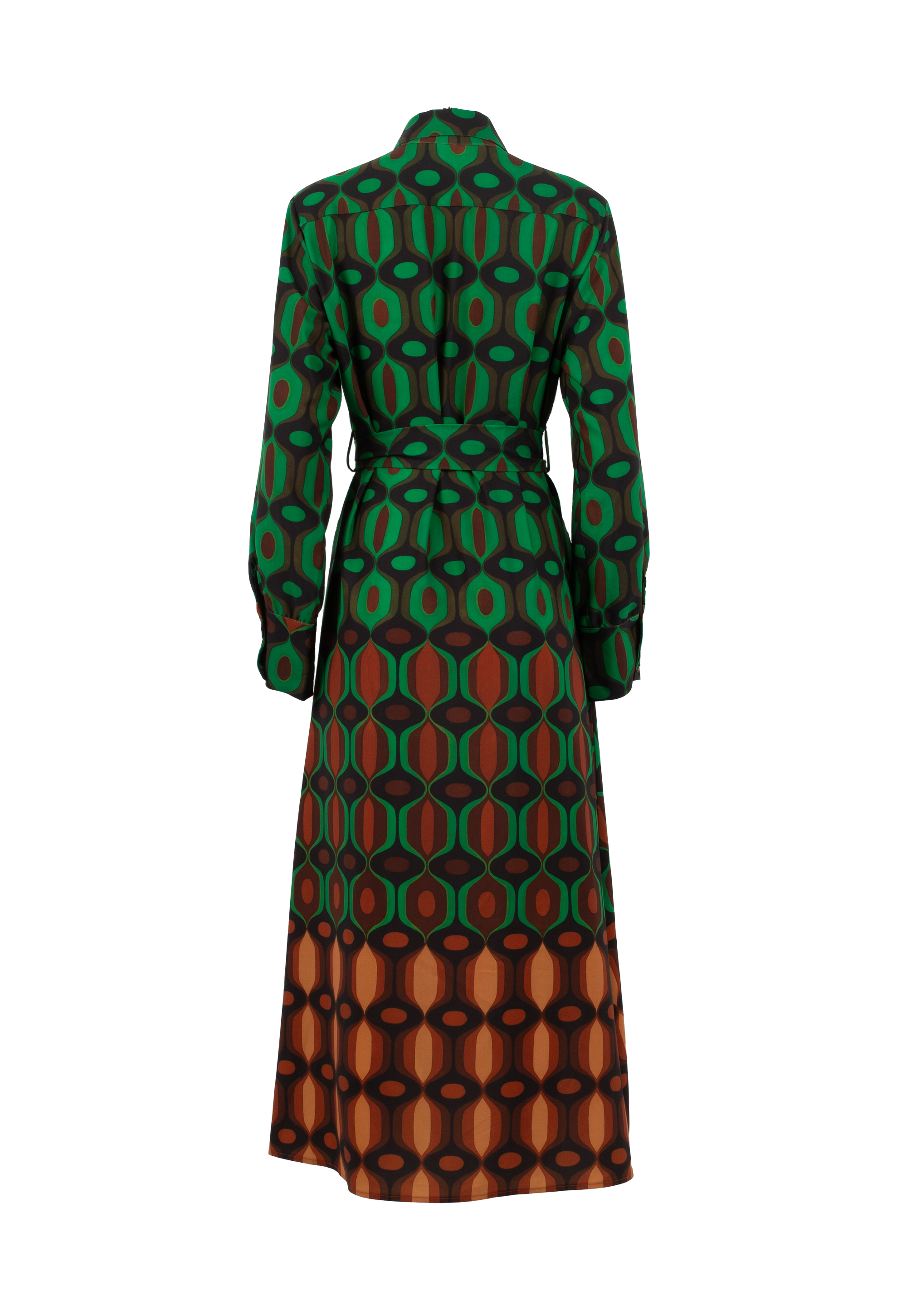 Green-brown patterned dress with belt