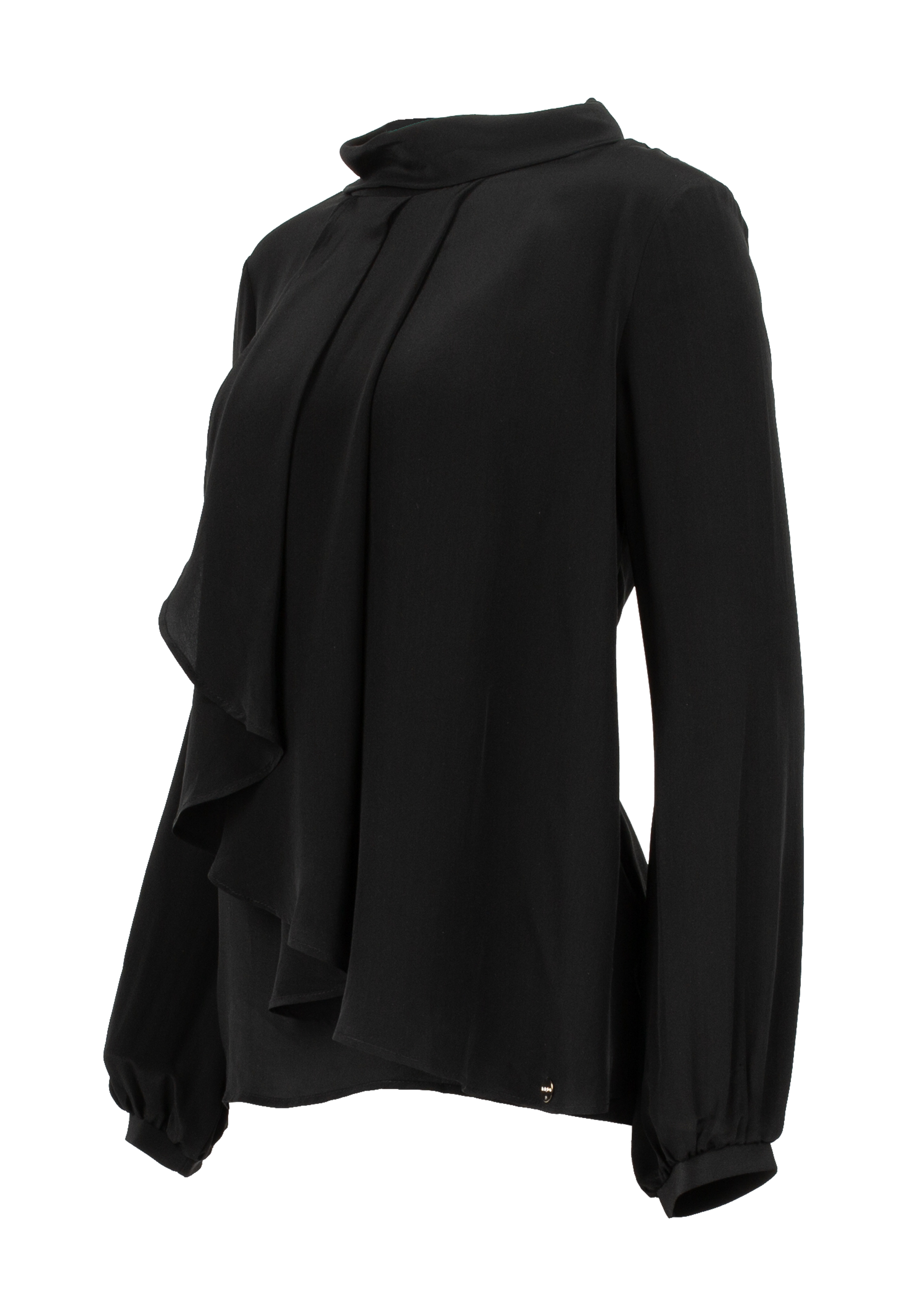 Black silk blouse with ruffles in the middle and long sleeves