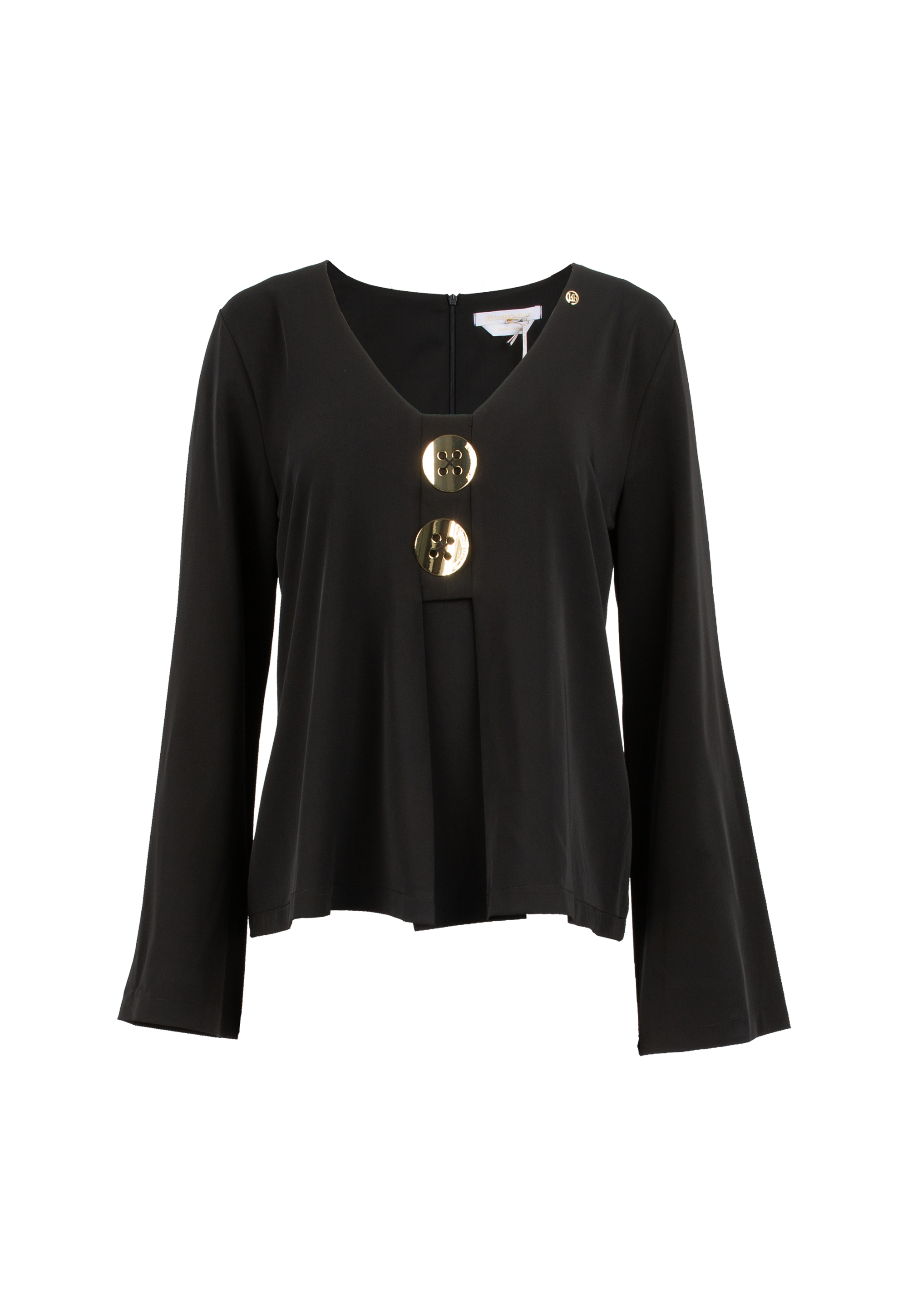 Female shirt with V neckline and two decorative large buttons