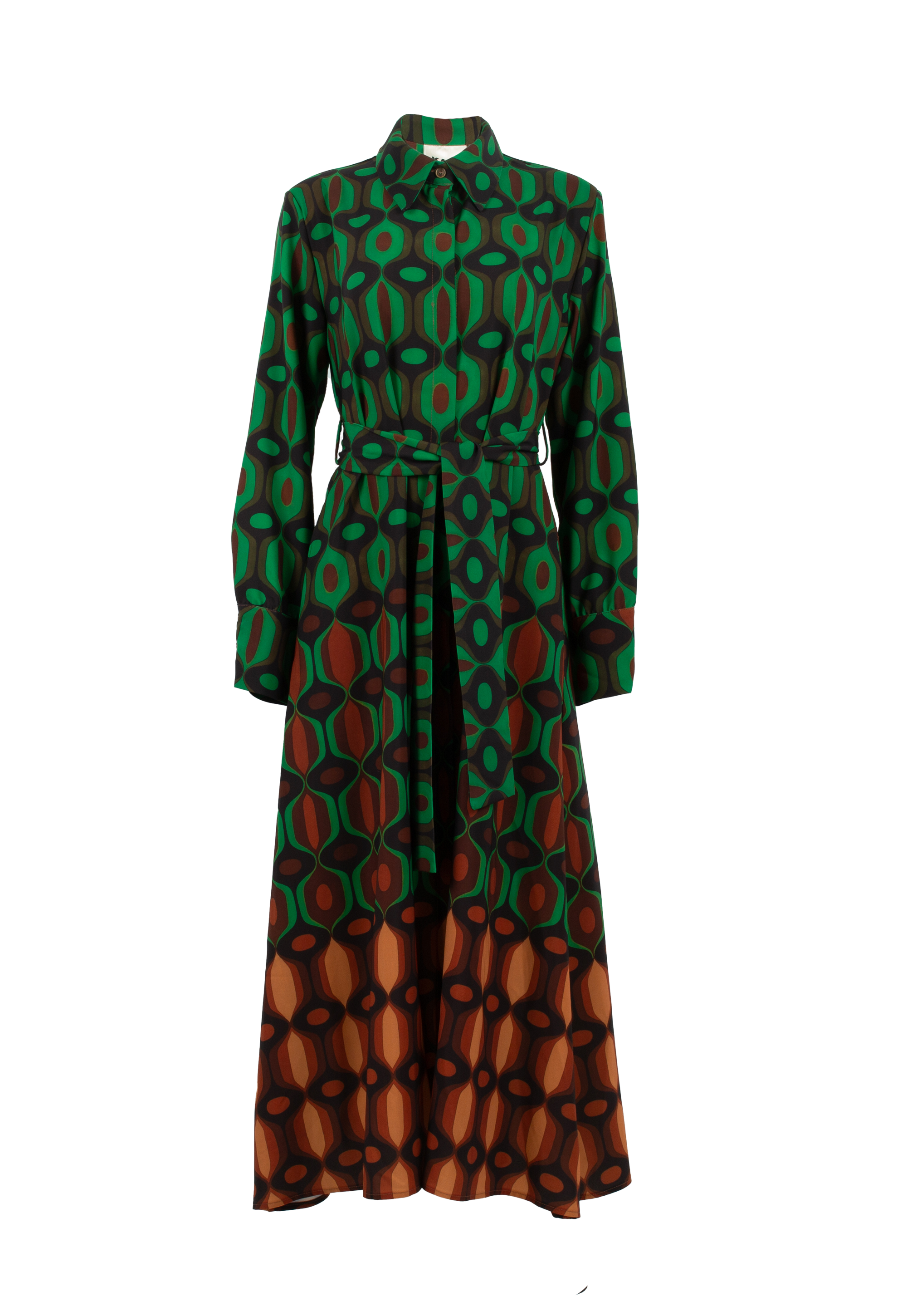 Green-brown patterned dress with belt